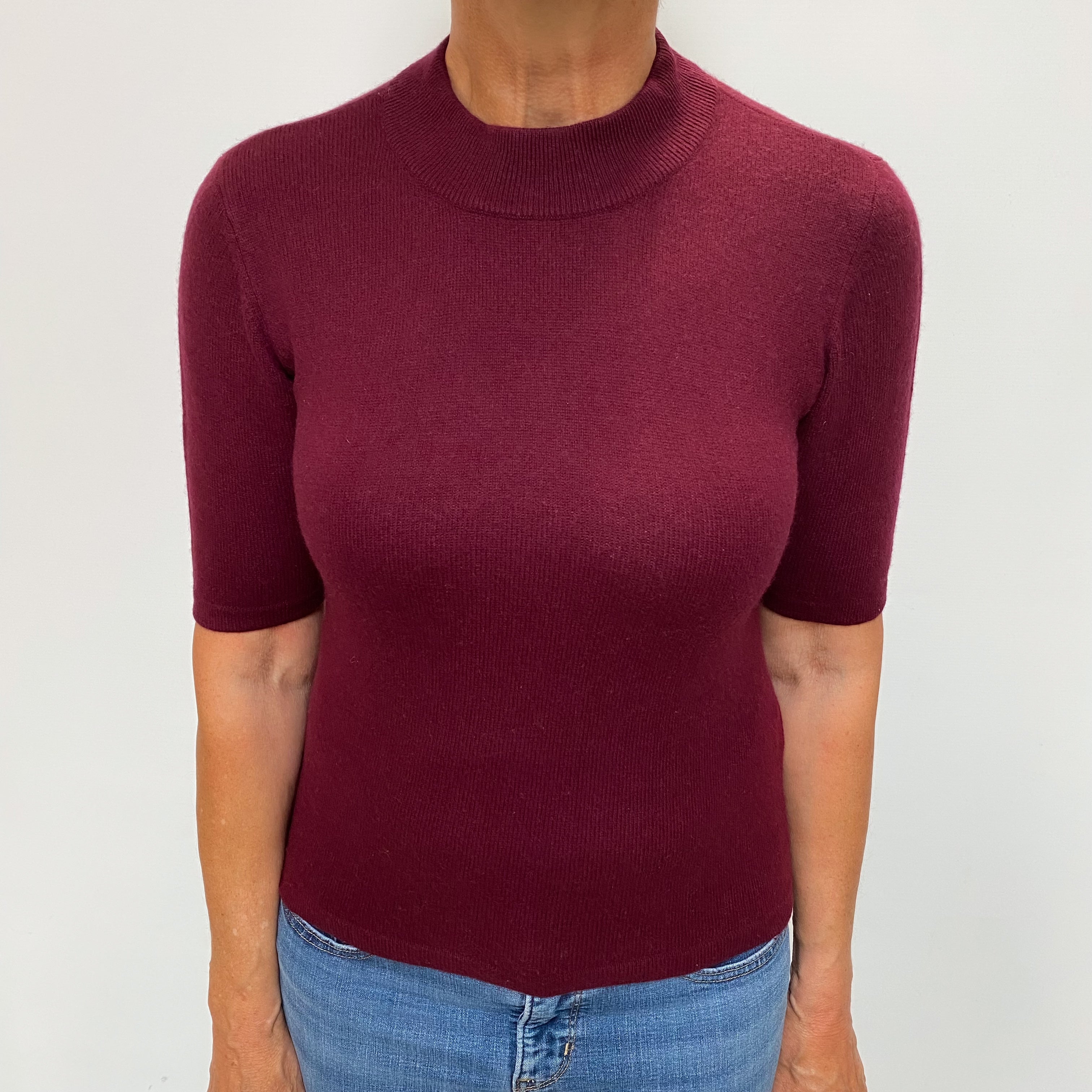 Wine Red Cashmere Turtle Neck Short Sleeved Jumper Medium