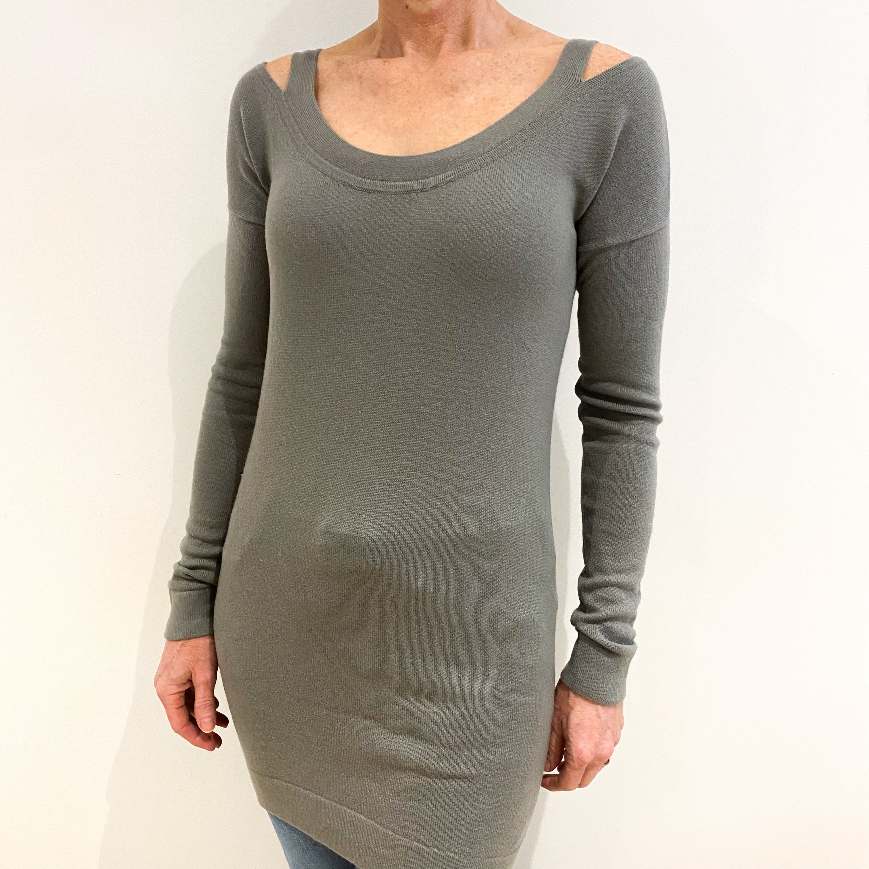 Dove Grey Cashmere Scoop Neck Tunic Jumper Small