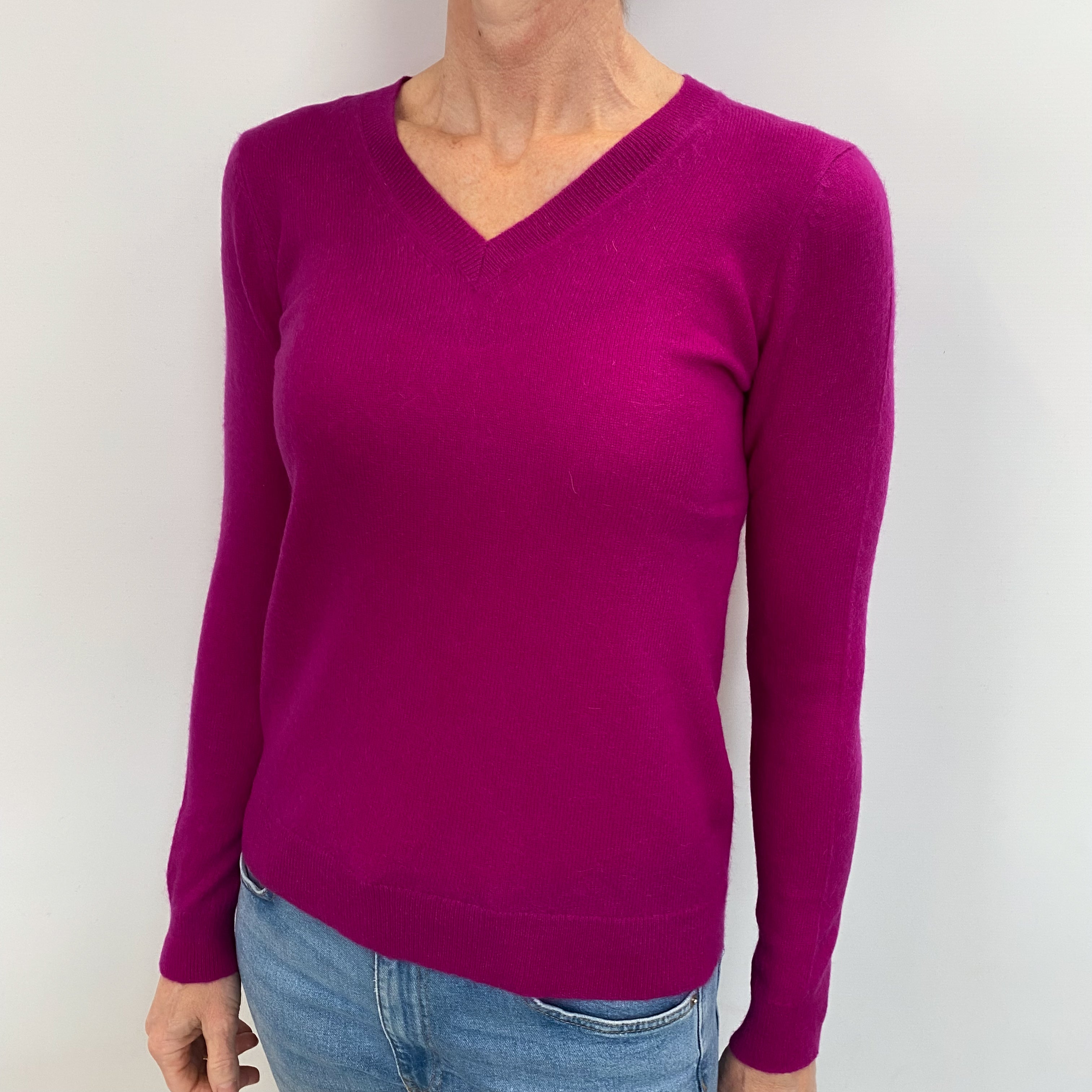 Bright Magenta Cashmere V Neck Jumper Small