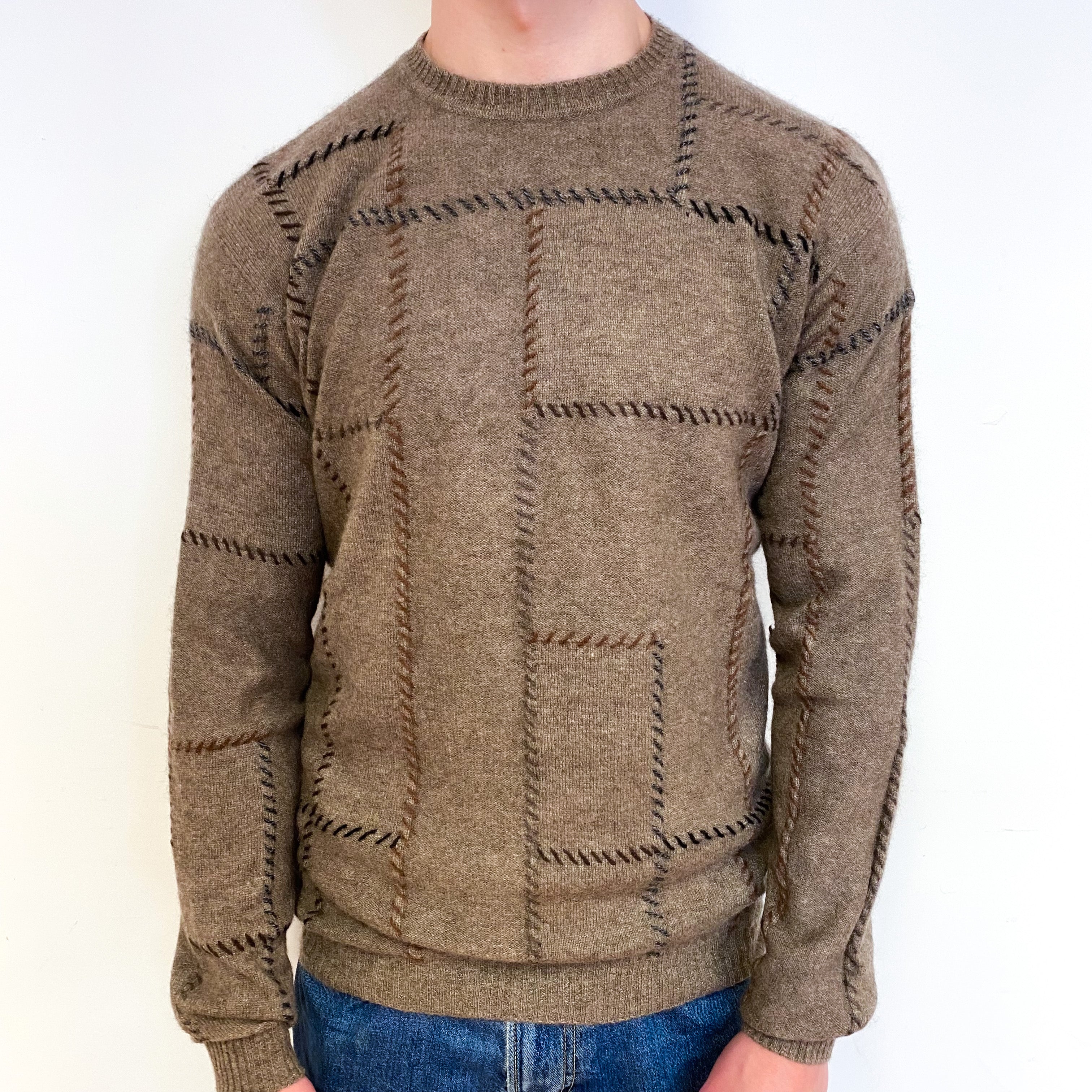 Men's Donkey Brown Geometric Cashmere Crew Neck Jumper Small