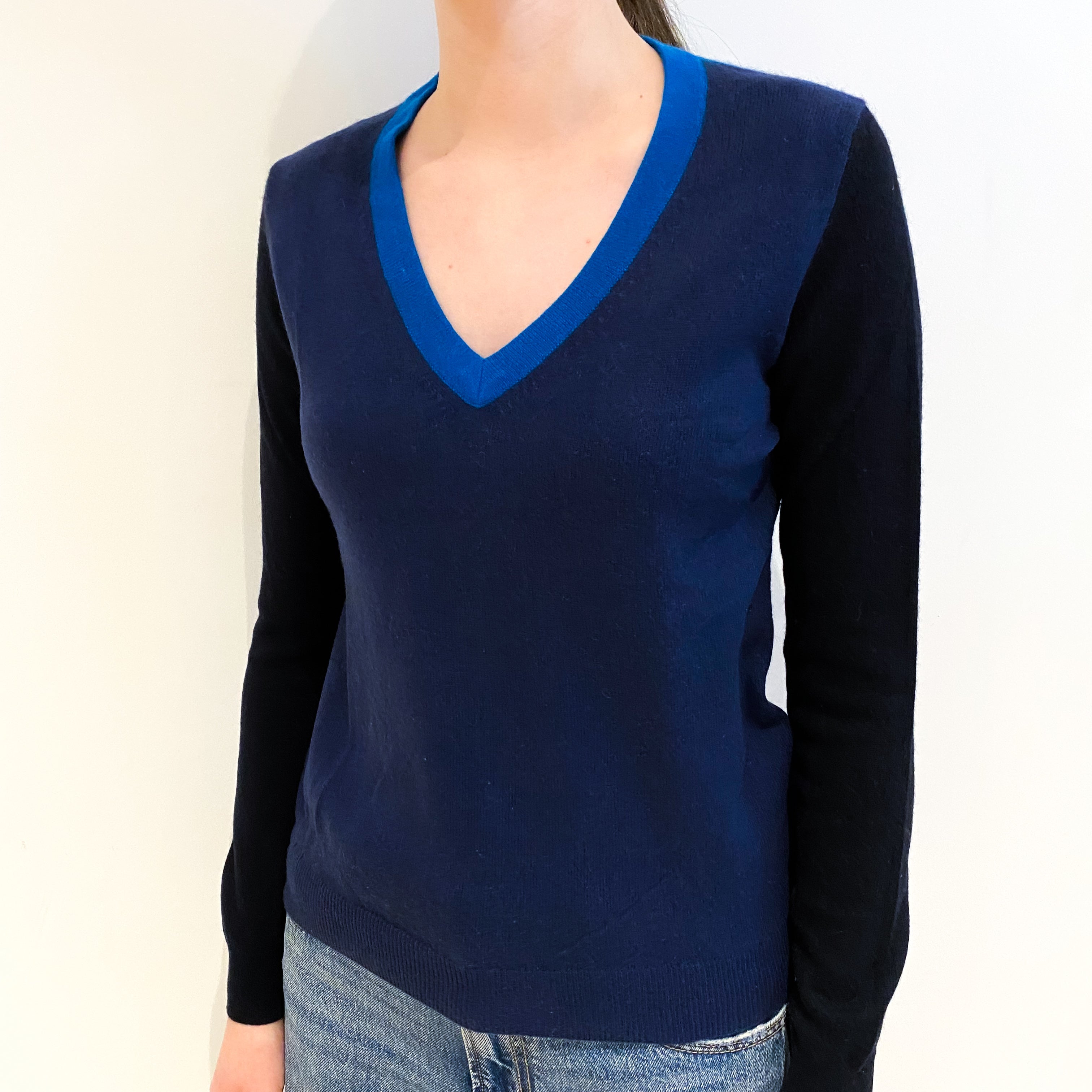 French Navy Colourblock Cashmere V Neck Jumper Extra Small