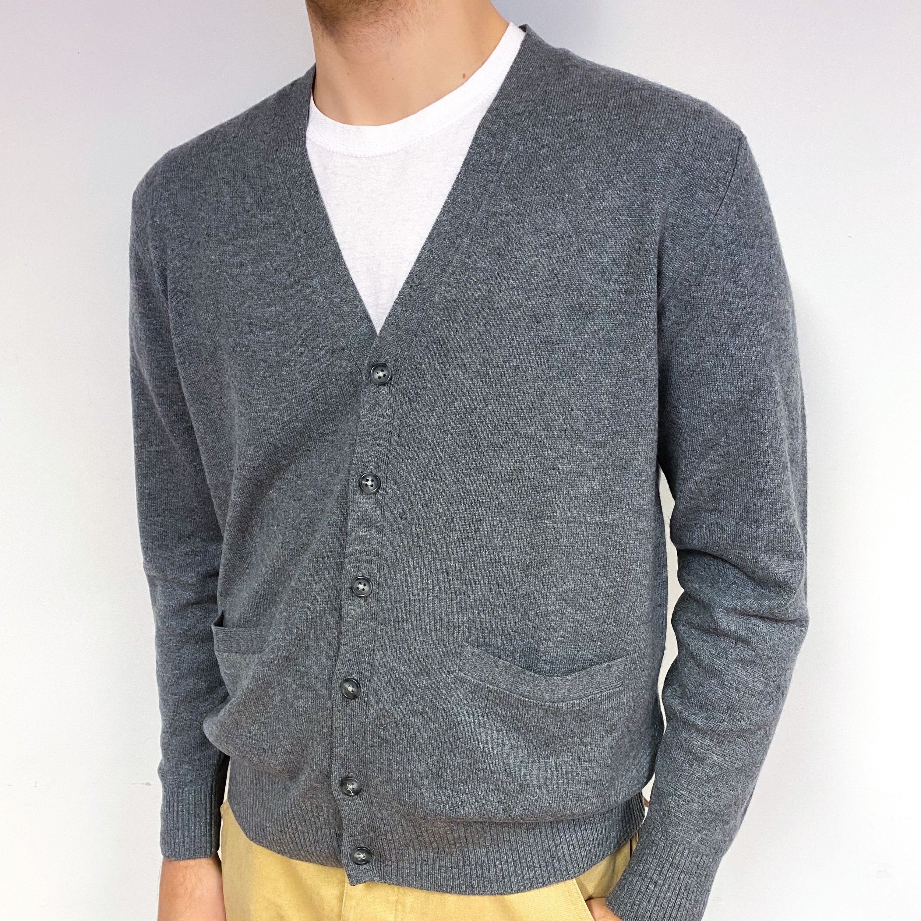 Men's Ash Grey Cashmere V-Neck Cardigan Large