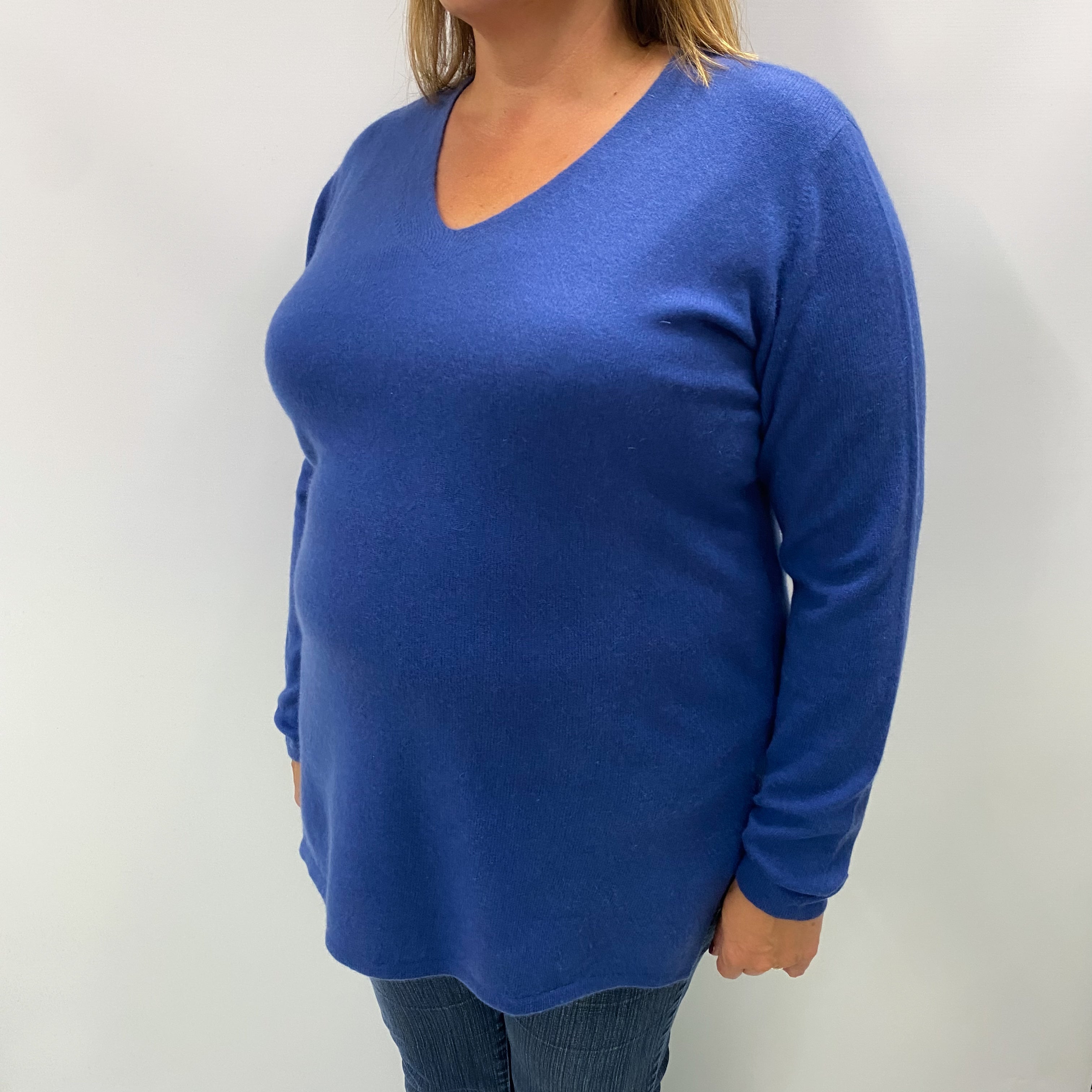 Ocean Blue Cashmere V Neck Jumper Extra Large