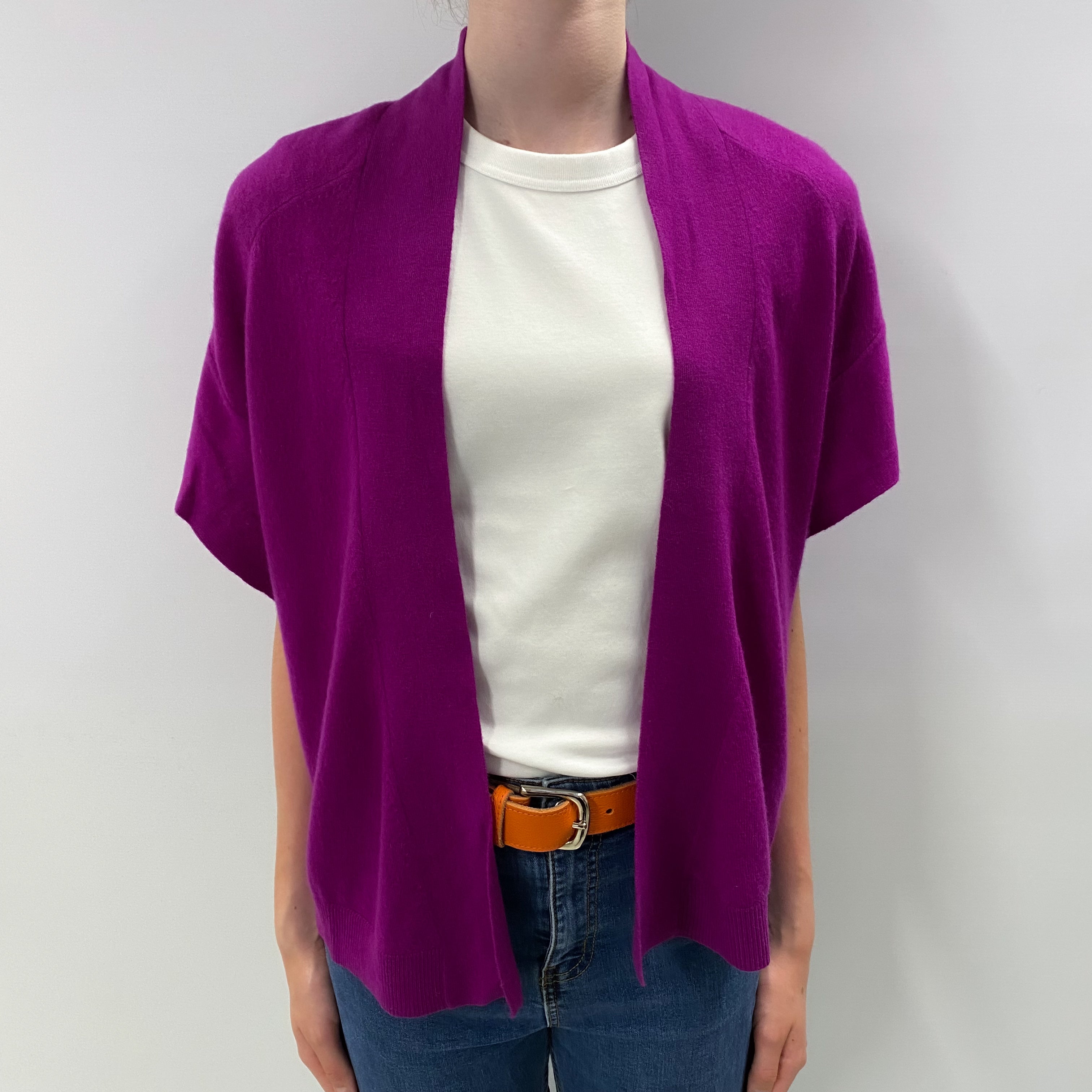 Magenta Purple Cashmere Edge to Edge Short Sleeved Cardigan Jumper Extra Small