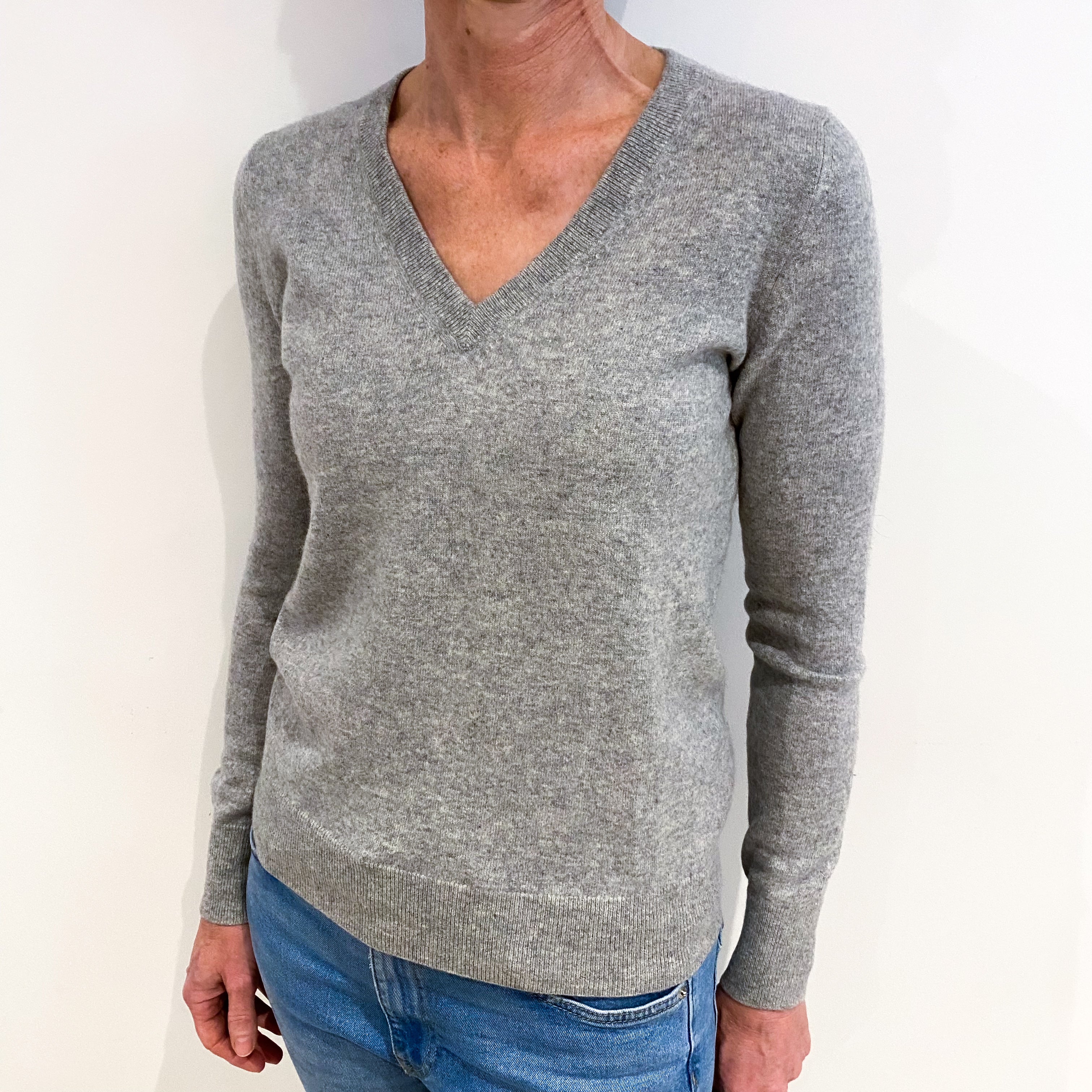 Smoke Grey Cashmere V Neck Jumper Small