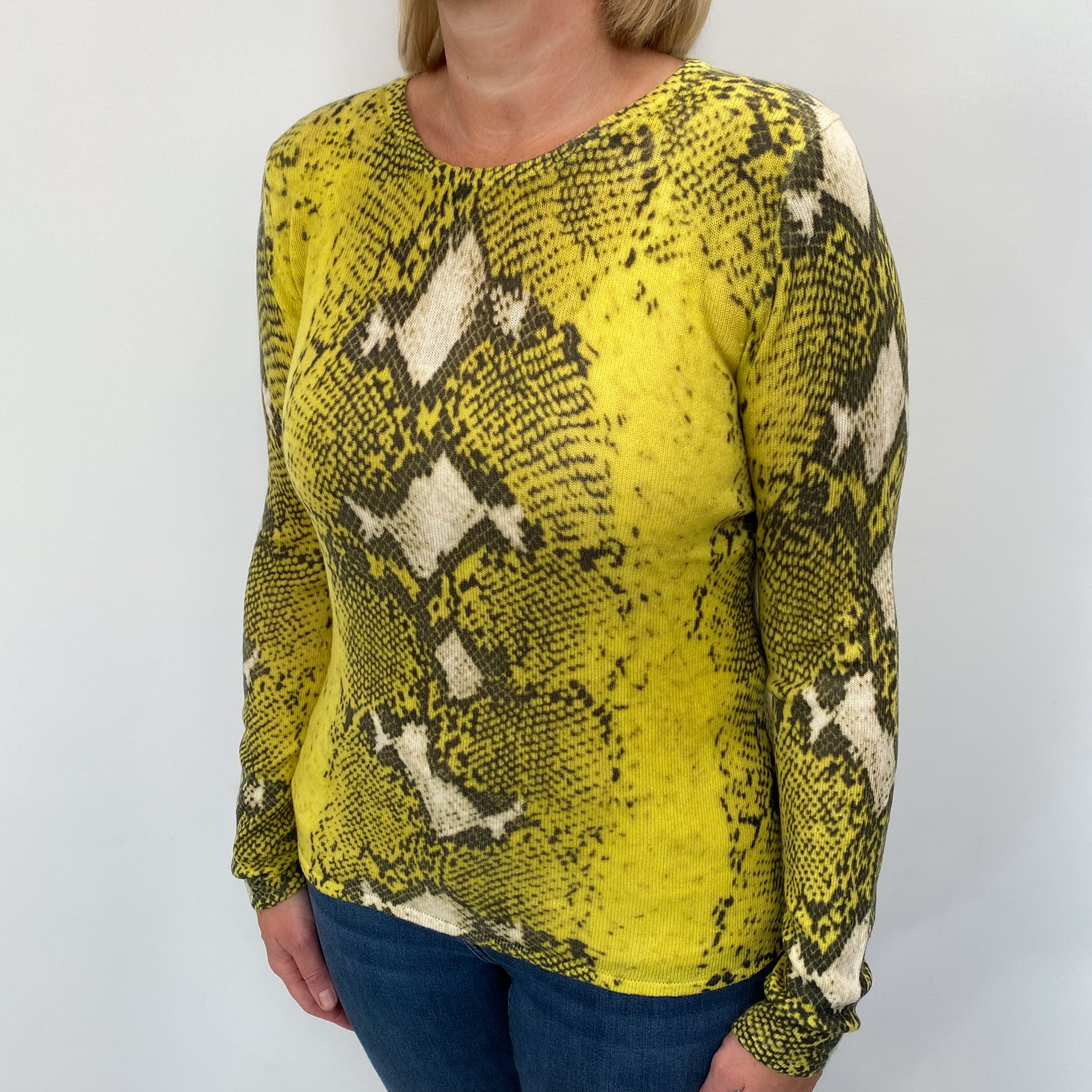 Neon Yellow Snake Pattern Cashmere Crew Neck Jumper Large