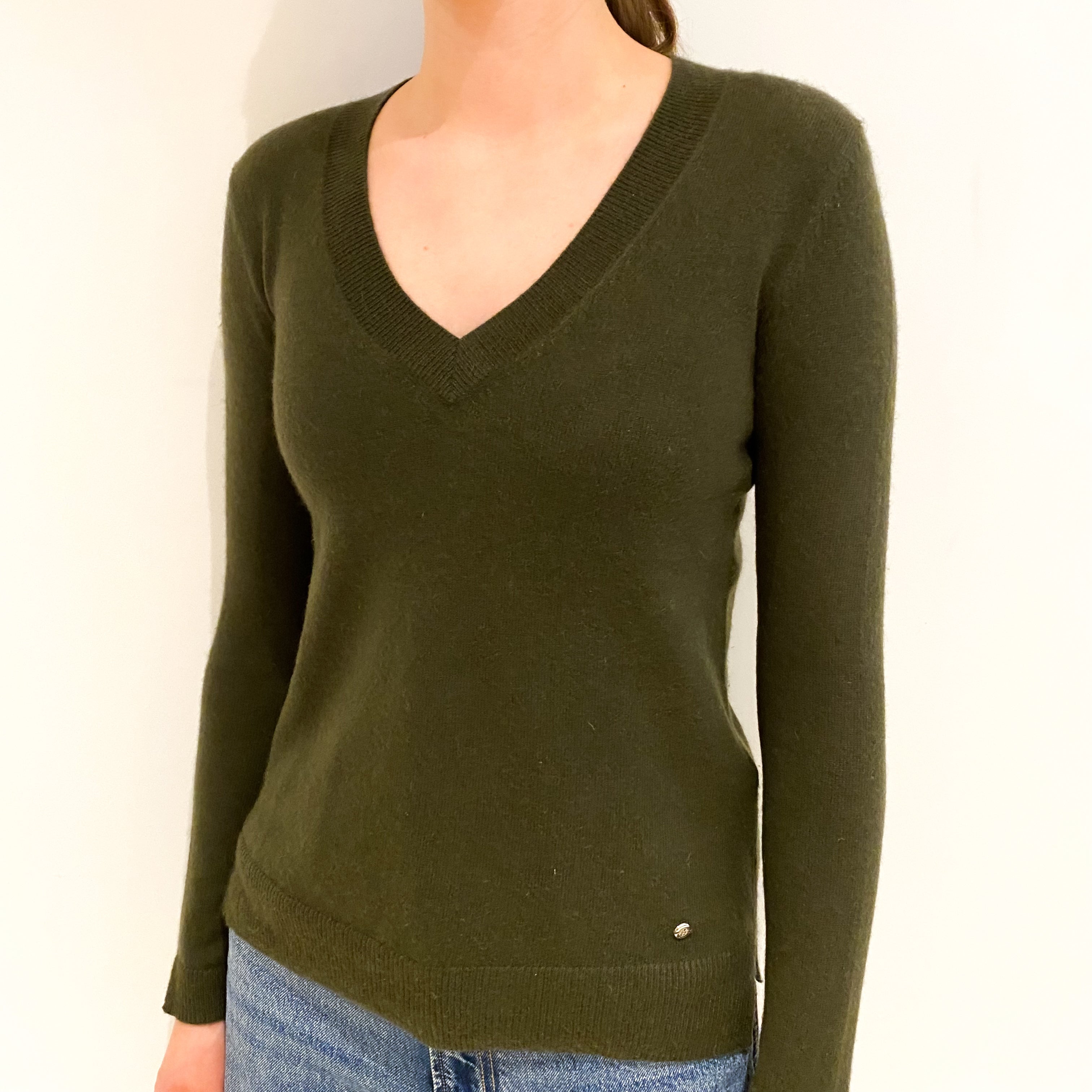 Deep Khaki Cashmere V Neck Jumper Extra Small