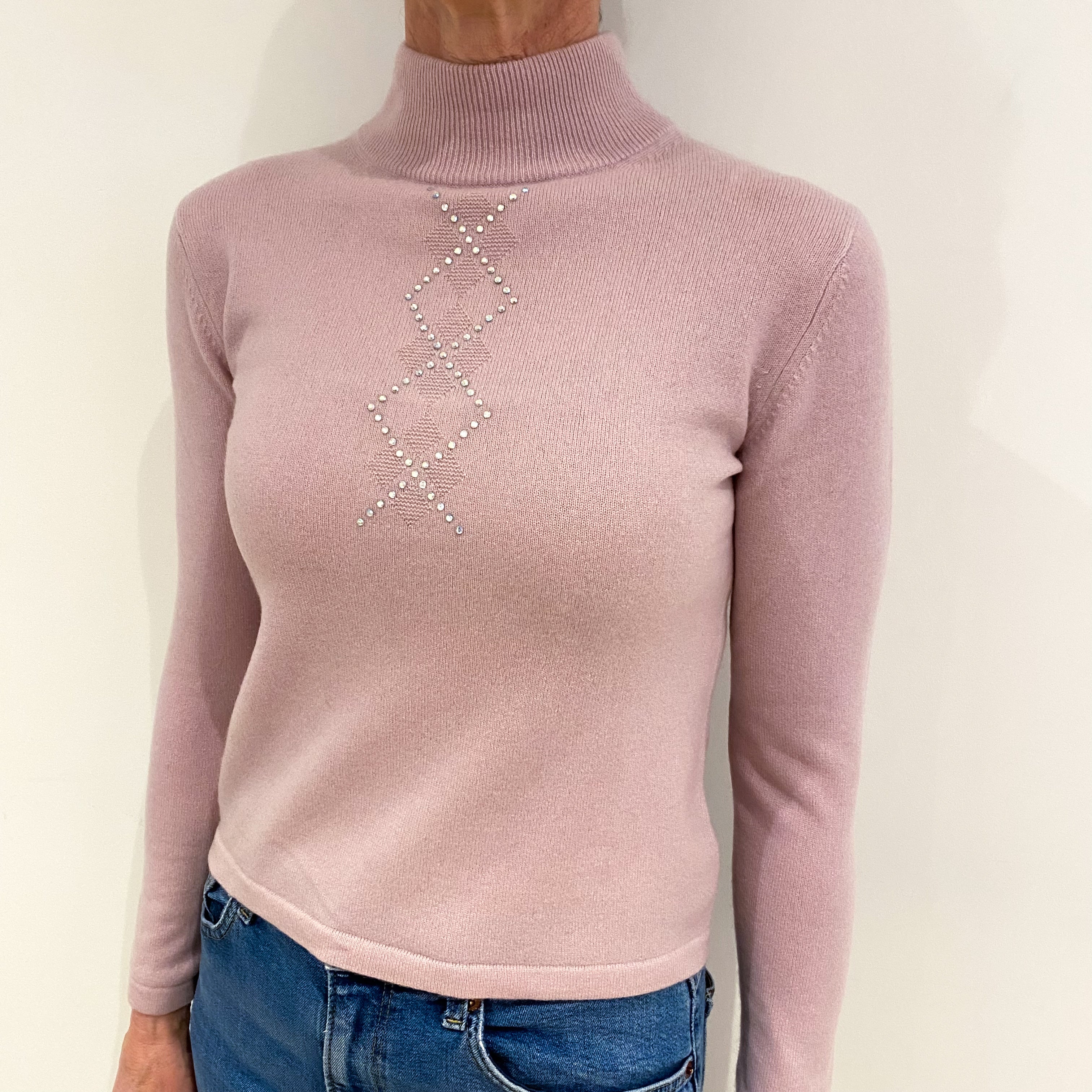 Mauve Pink Diamanté Cashmere Turtle Neck Jumper Small