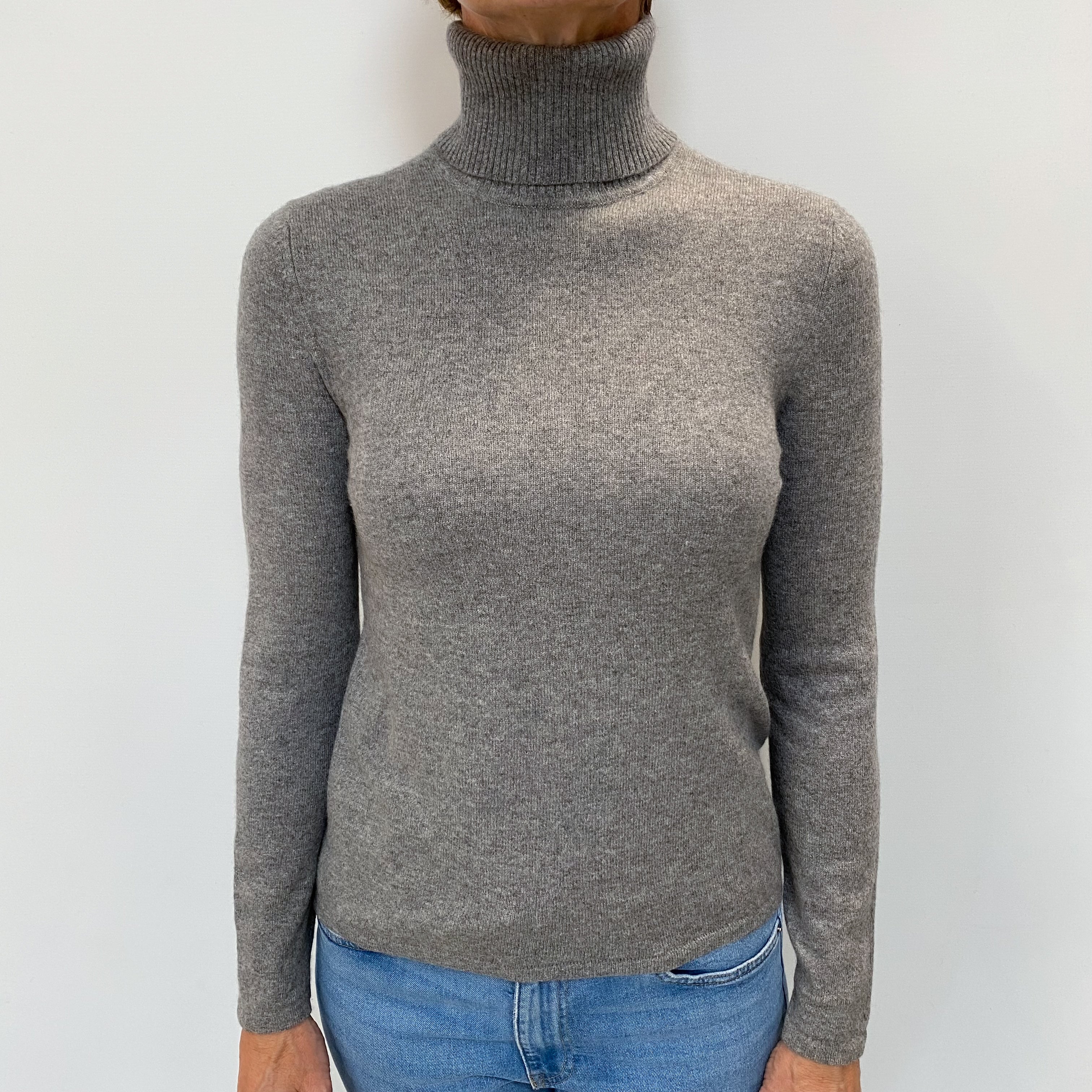 Ash Grey Cashmere Polo Neck Jumper Small