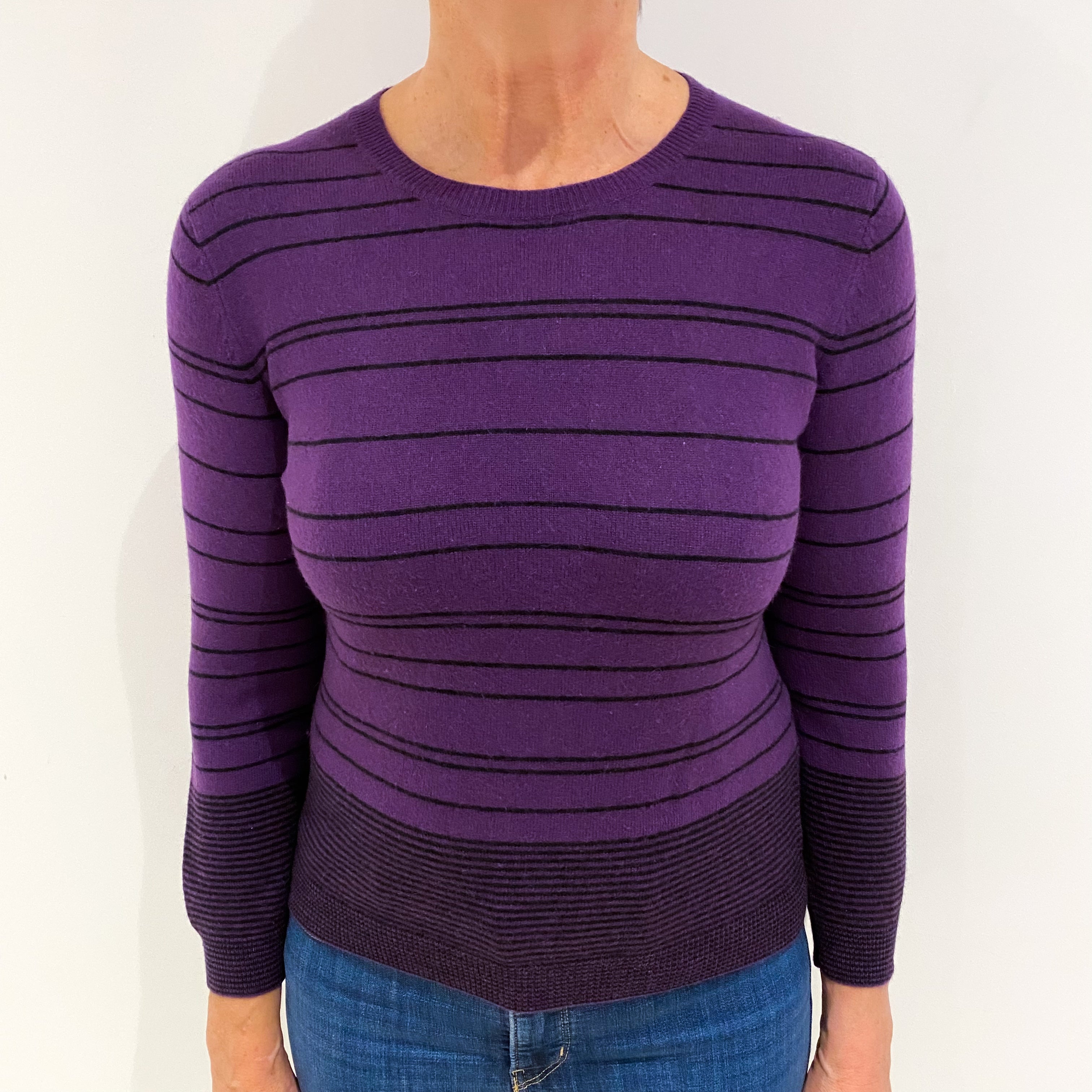 Grape Purple Black Stripe Cashmere Crew Neck Jumper Medium