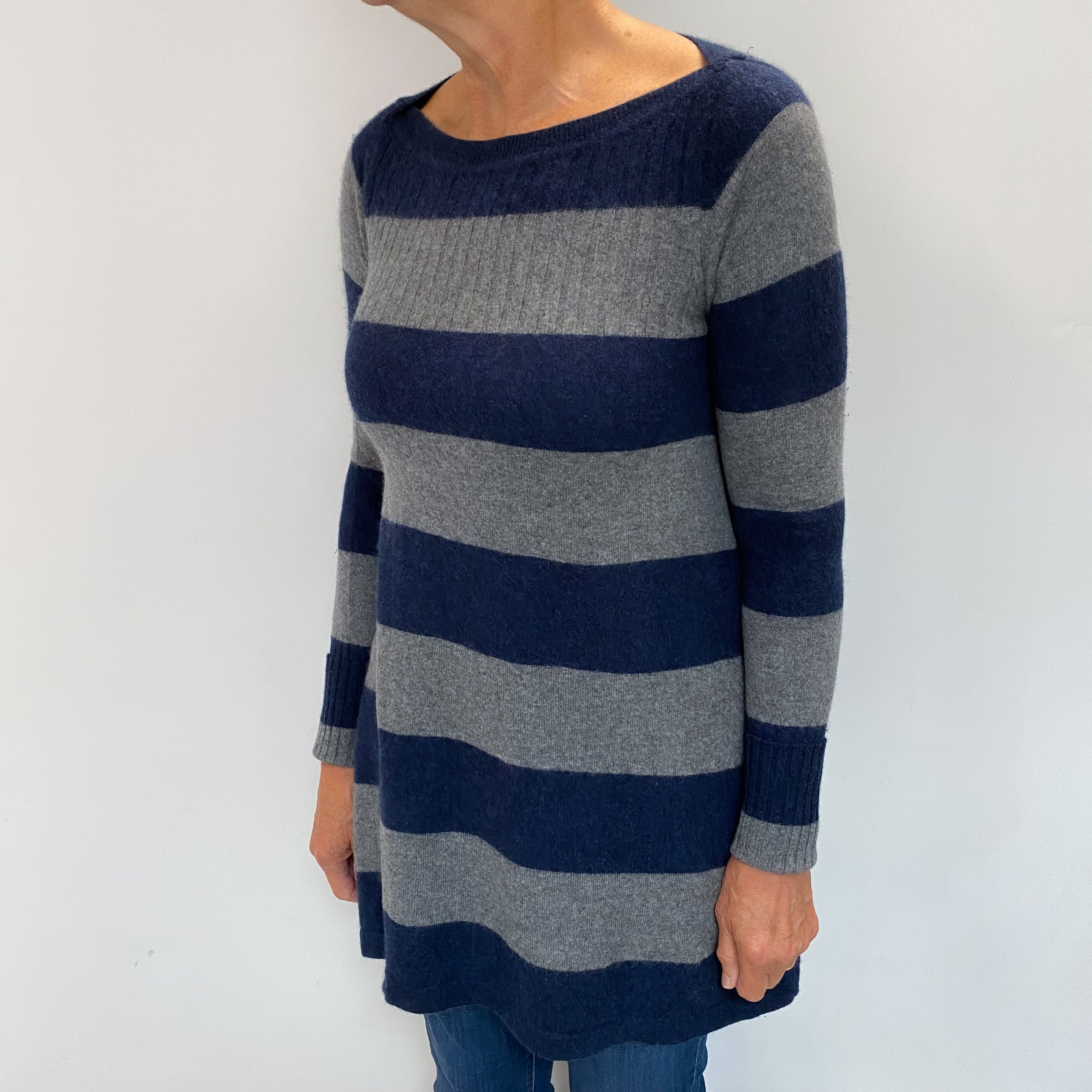 Navy Grey Stripe Cashmere Slash Neck Tunic Jumper Medium