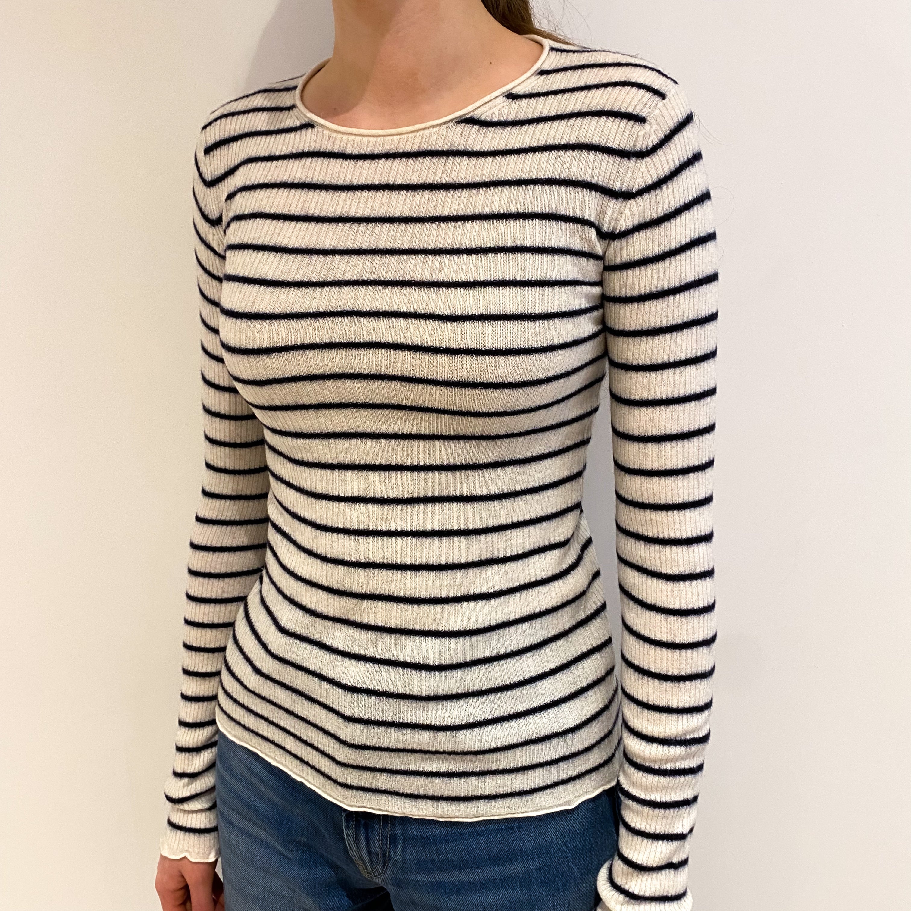 Vince Winter White Stripe Cashmere Crew Neck Jumper Extra Small