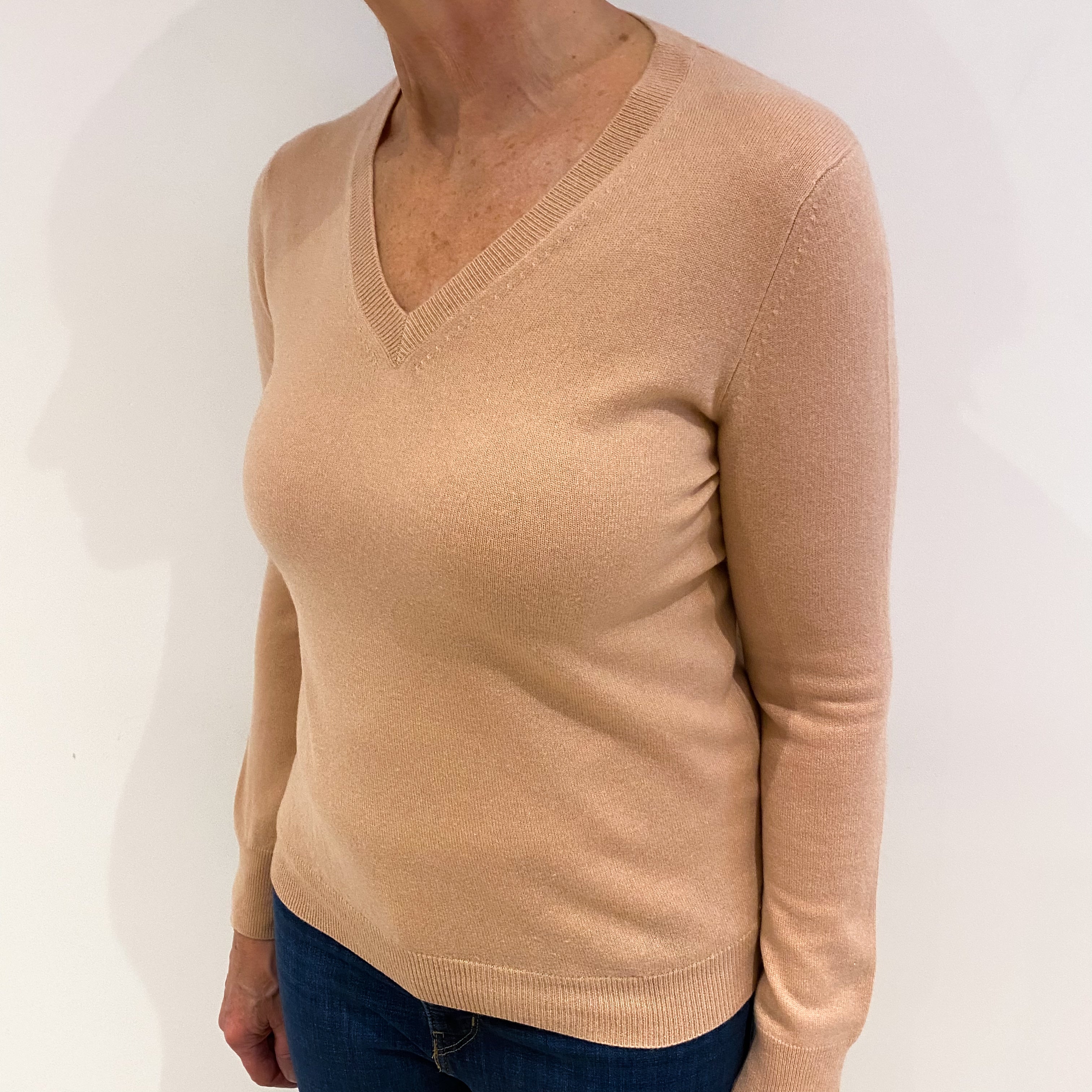 Peachy Pink Cashmere V Neck Jumper Medium