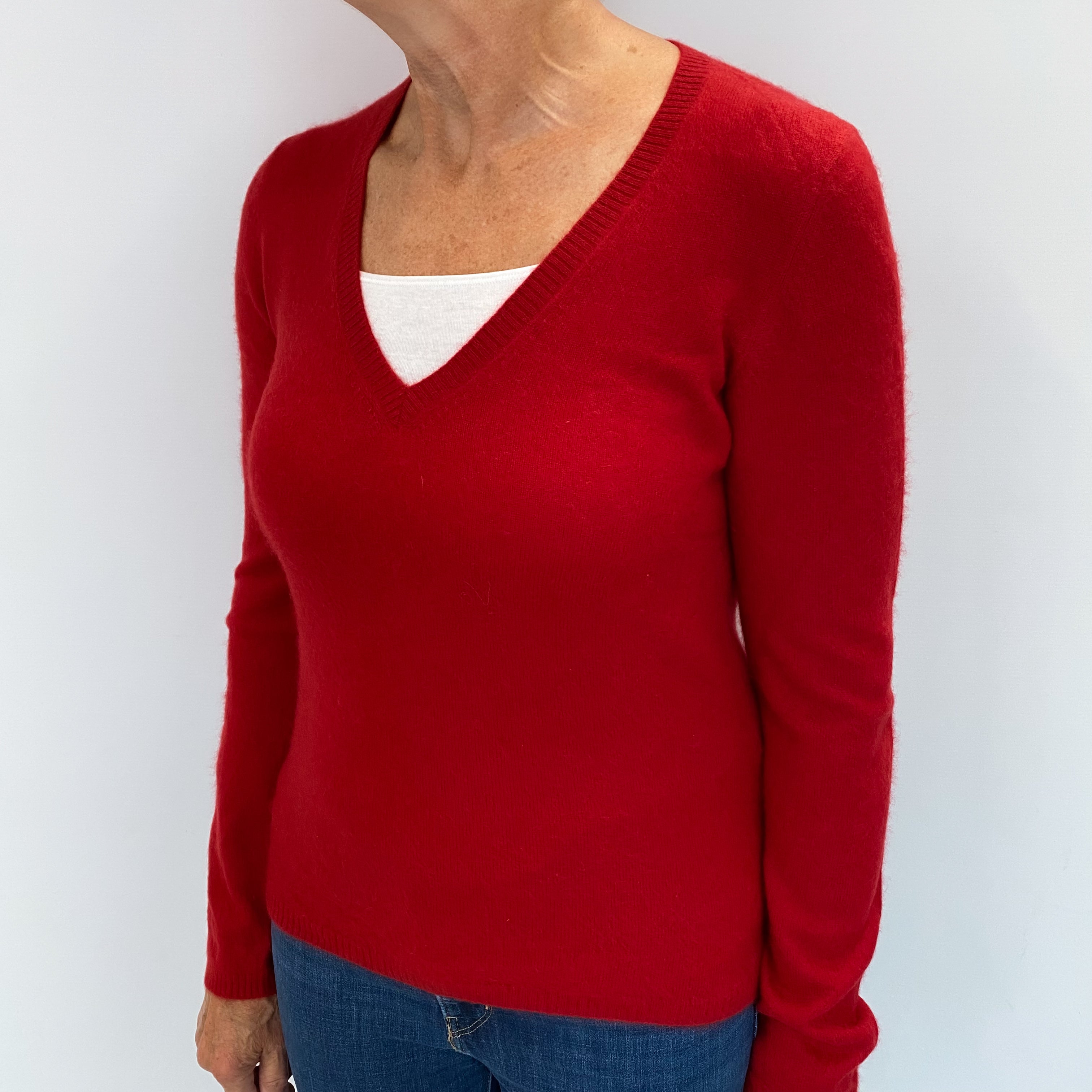 Crimson Red Cashmere Low V Neck Jumper Medium