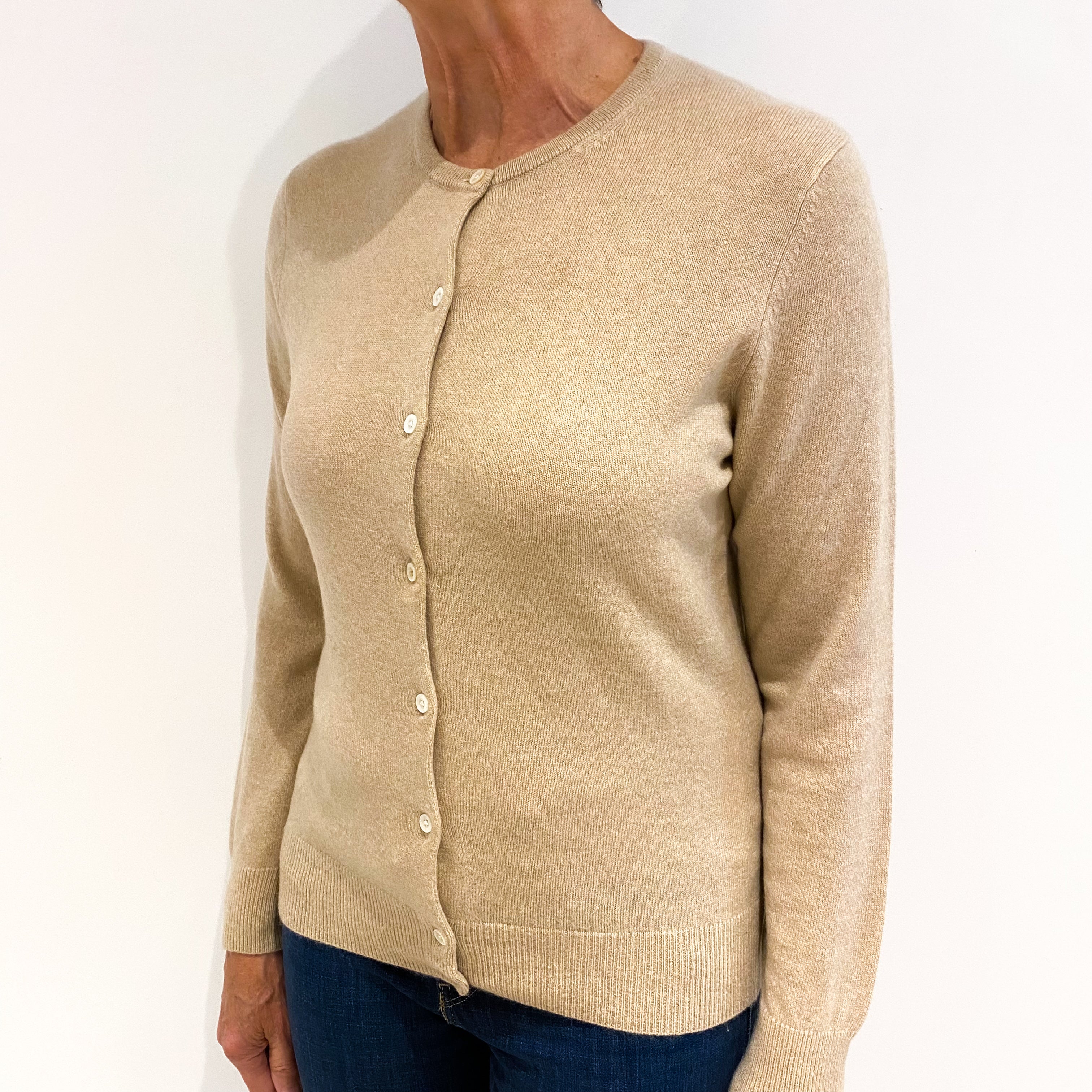 Warm Beige Cashmere Crew Neck Cardigan Medium