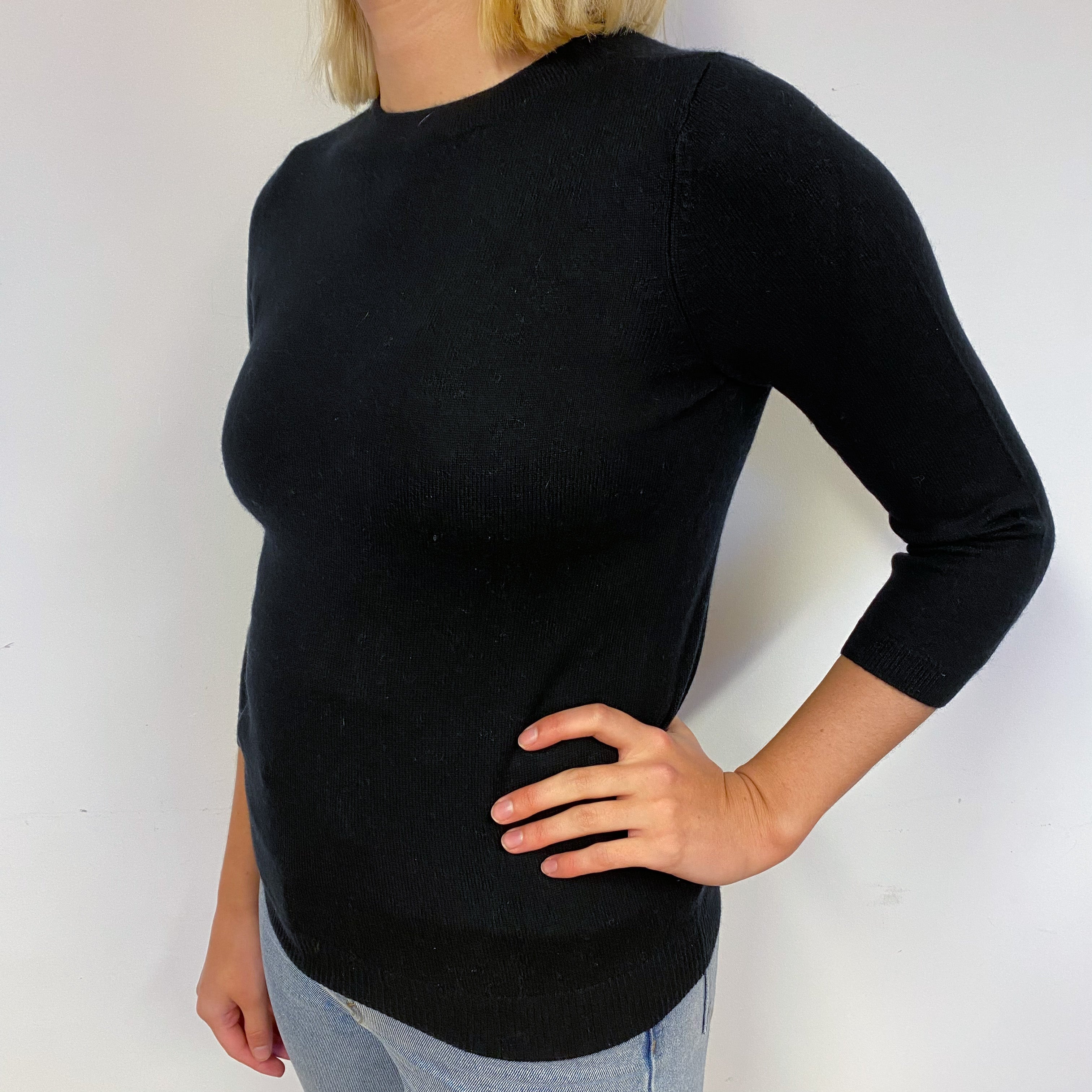 Black 3/4 Sleeve Cashmere Crew Neck Jumper Small