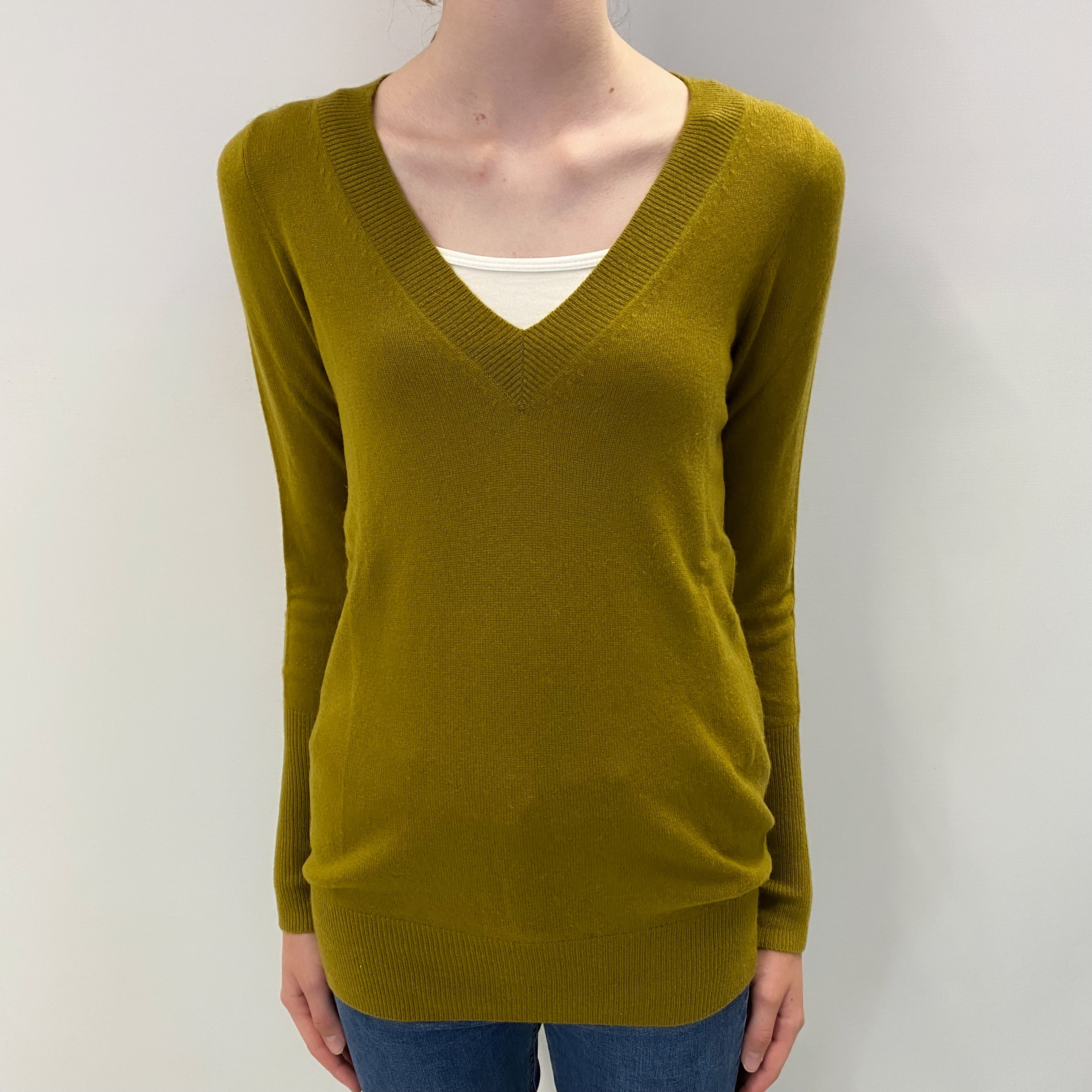 Olive Green Cashmere V Neck Jumper Extra Small