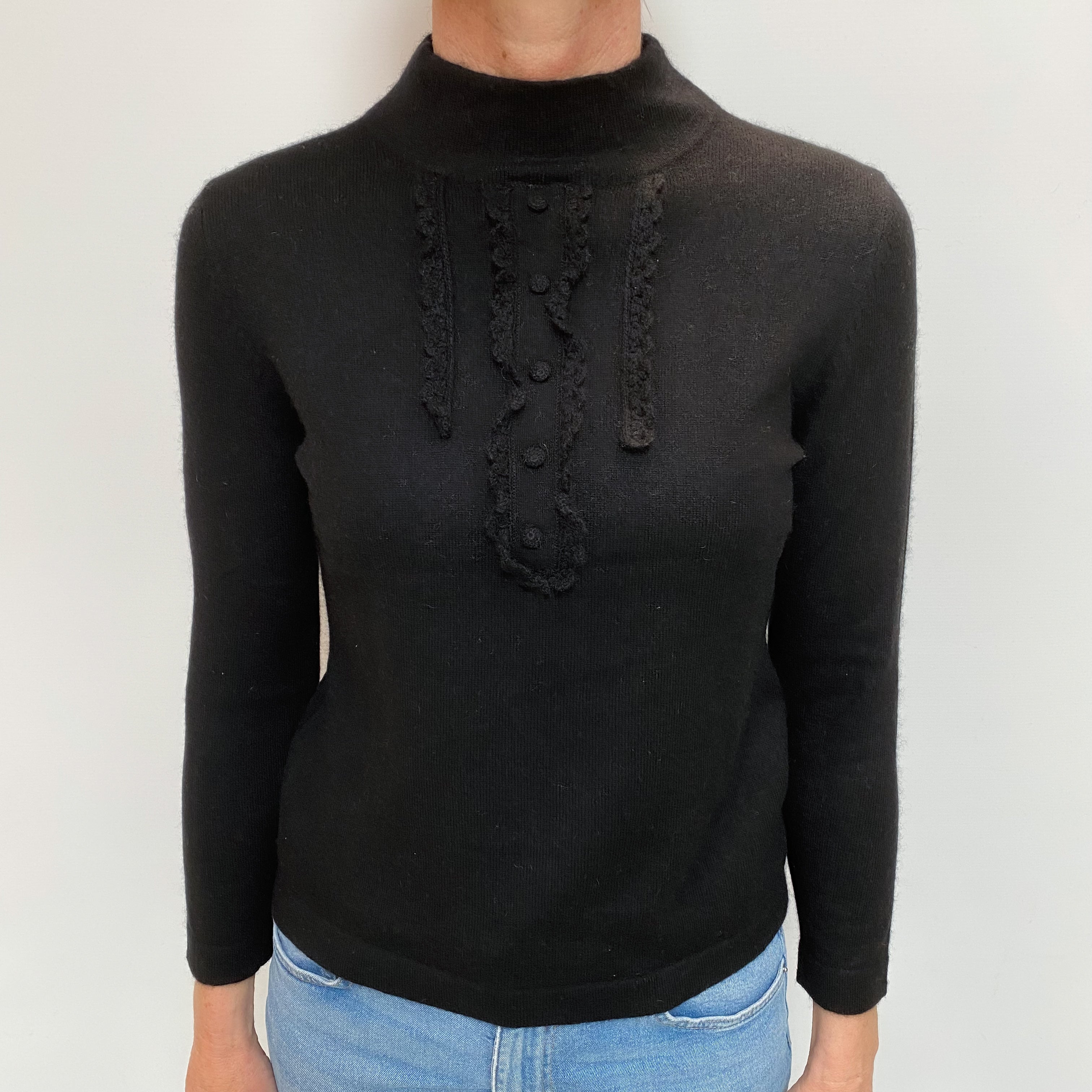 Black Cashmere Frill Detail Turtle Neck Jumper Small