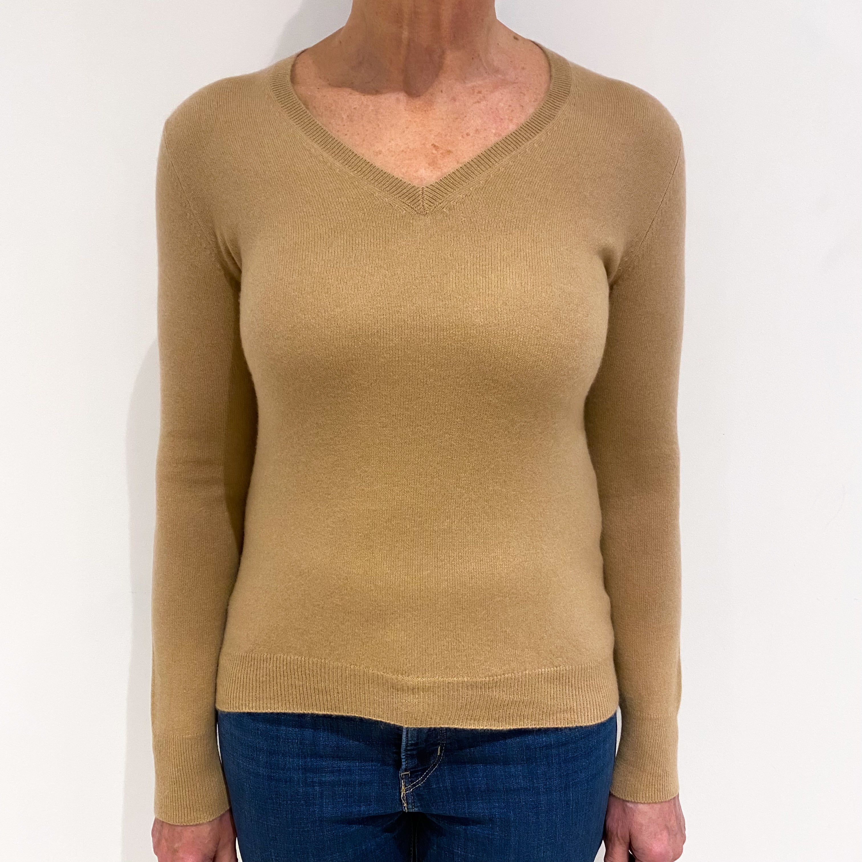 Caramel Brown Cashmere V Neck Jumper Medium