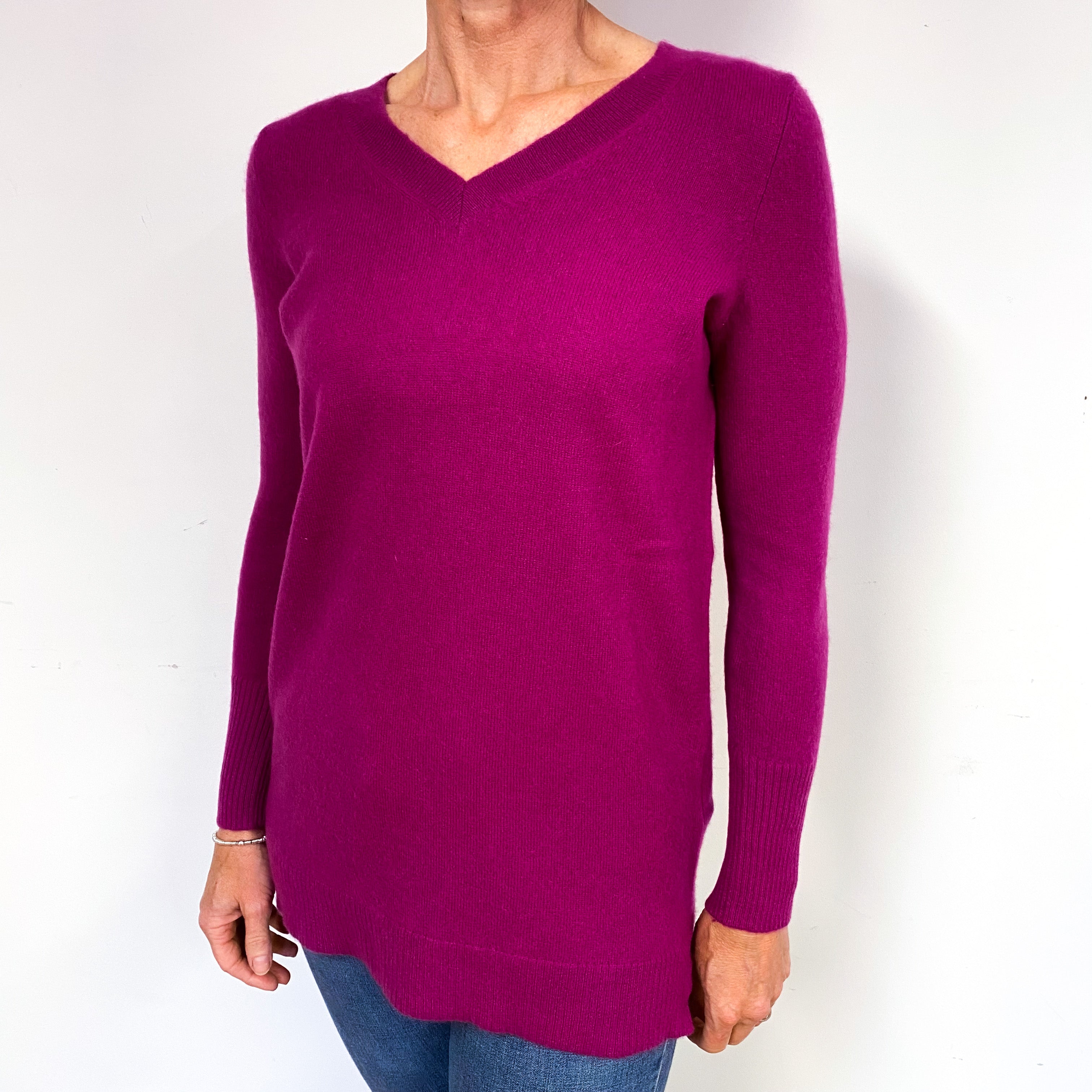 Deep Magenta Pink Cashmere V-Neck Jumper Medium