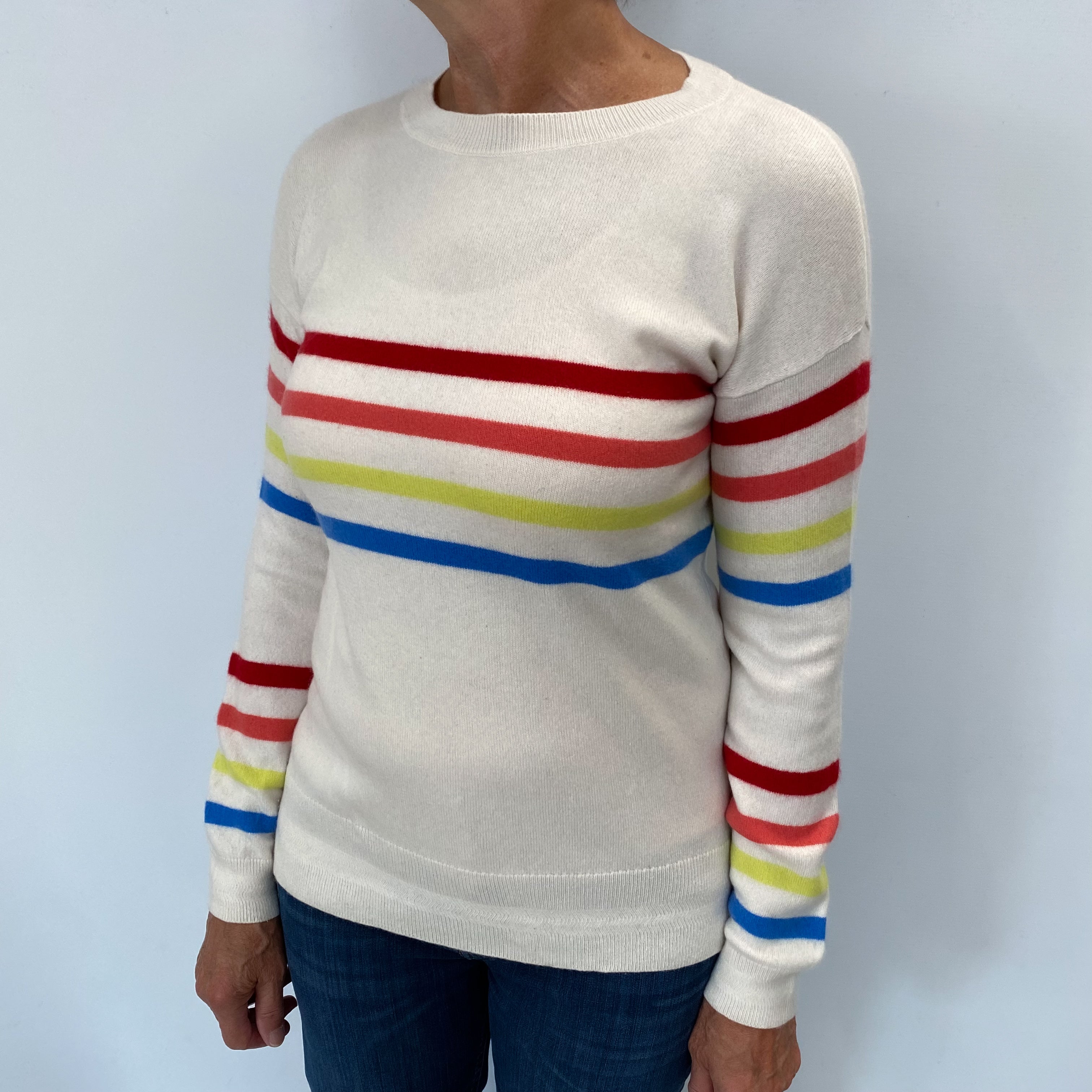 Cream Stripe Cashmere Crew Neck Jumper Medium