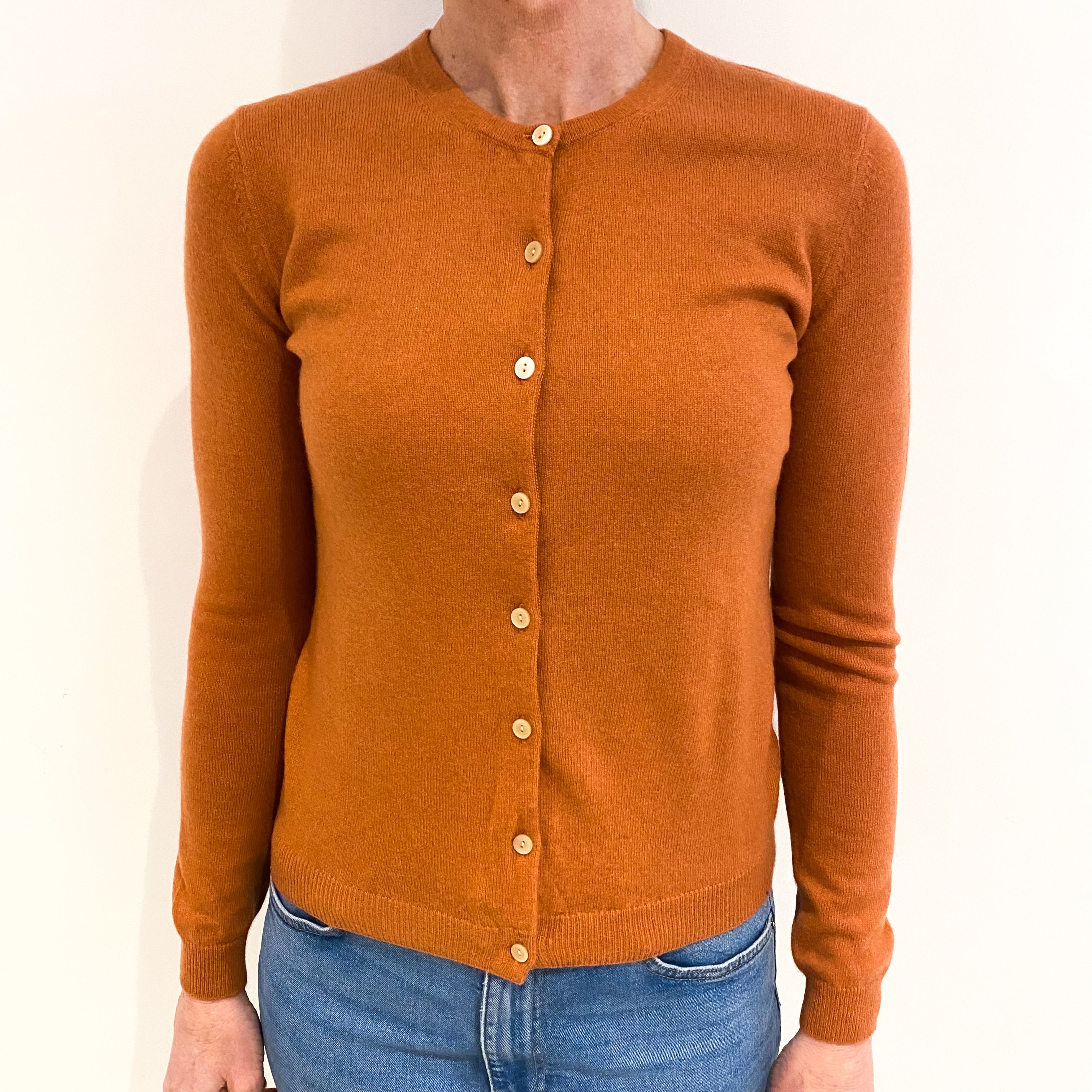 Terracotta Orange Cashmere Crew Neck Cardigan Small