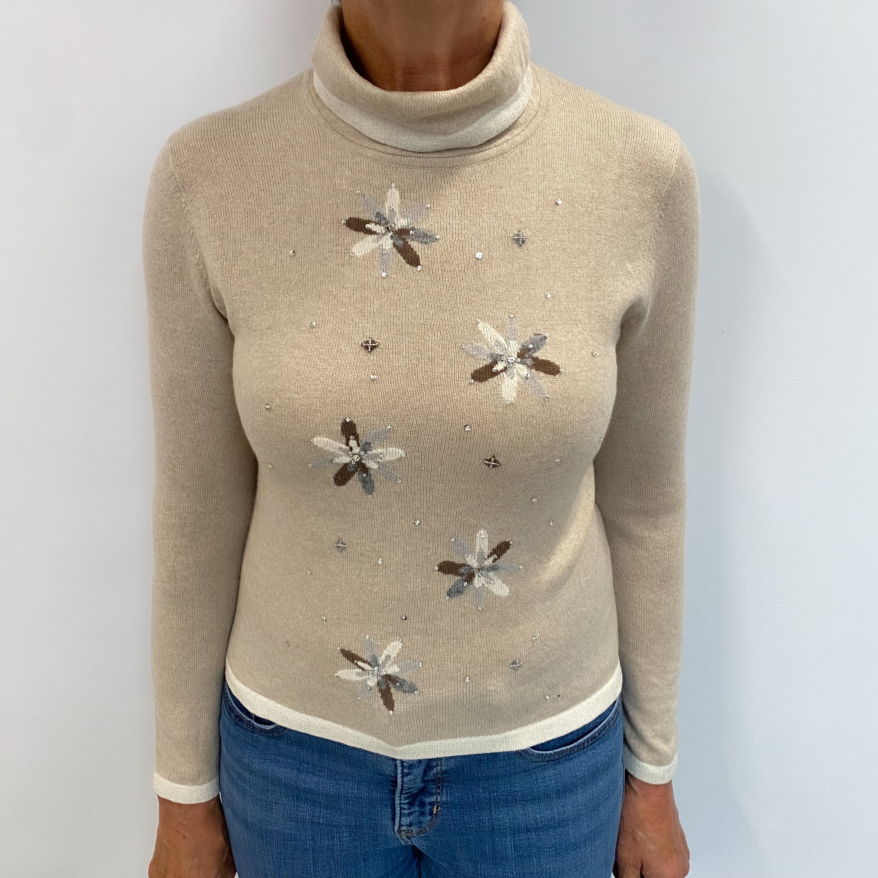 Oatmeal Beige Cashmere Polo Neck Jumper Medium