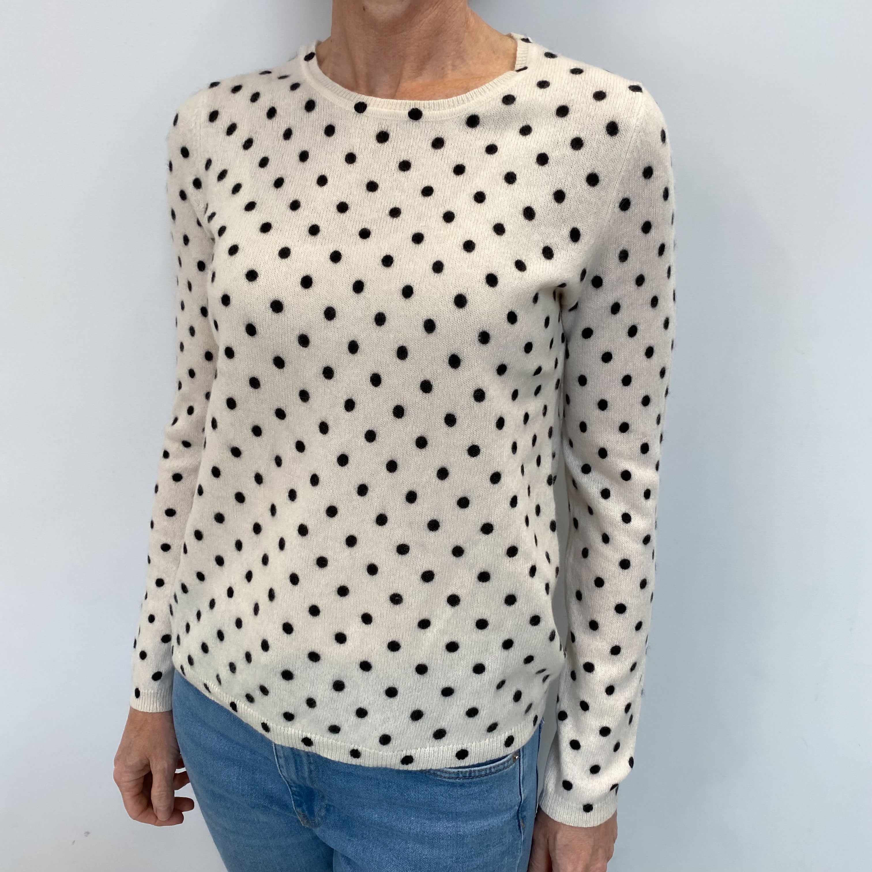 Ivory Polka Dot Cashmere Crew Neck Jumper Small