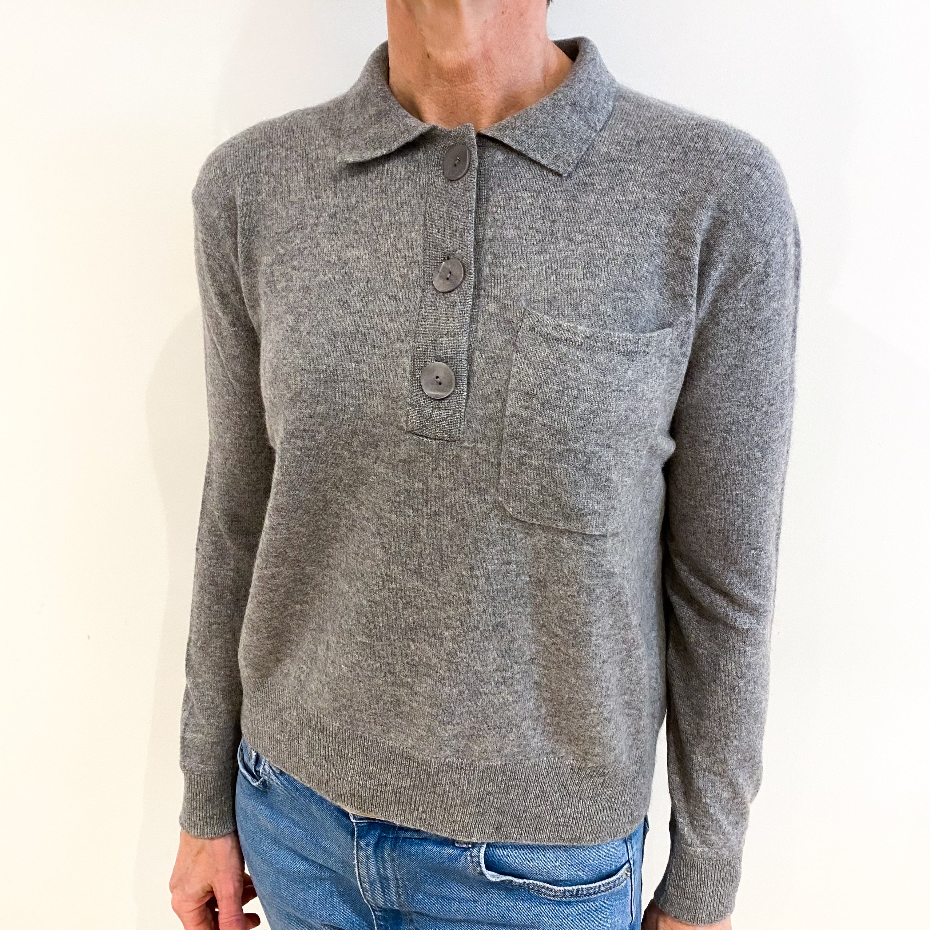 Ash Grey Cashmere Collared V Neck Jumper Small