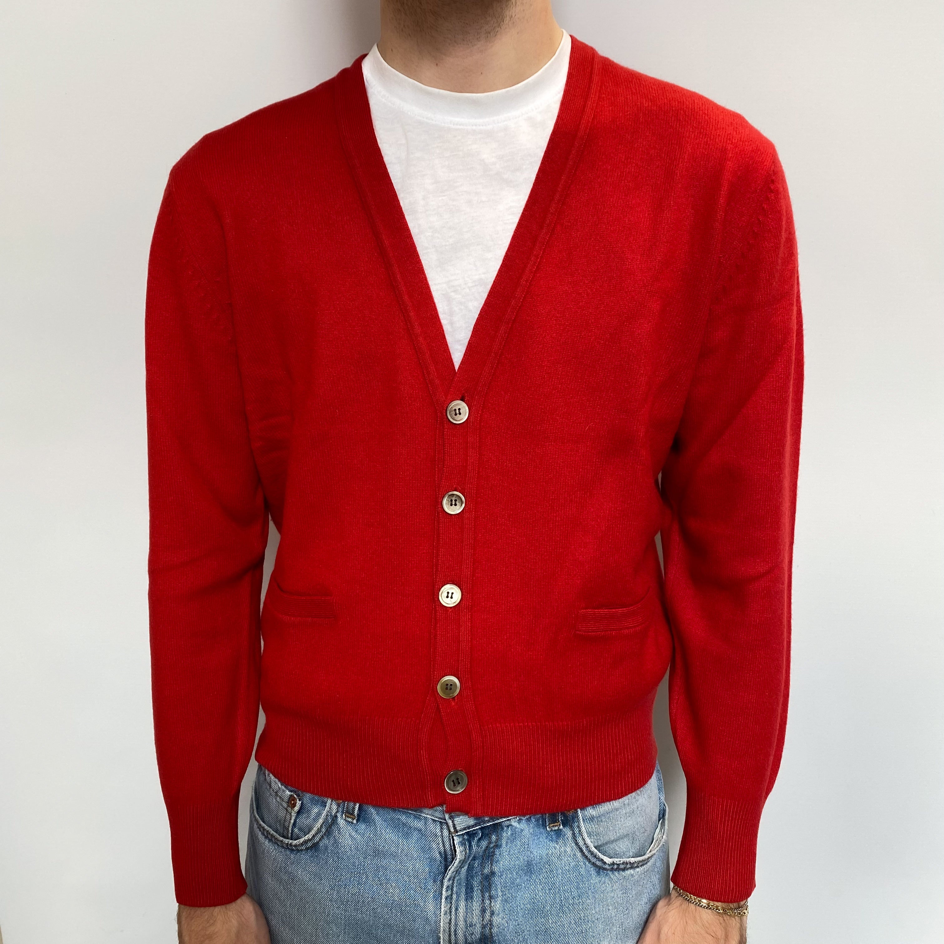 Men's Spanish Red Cashmere V Neck Cardigan Large Short