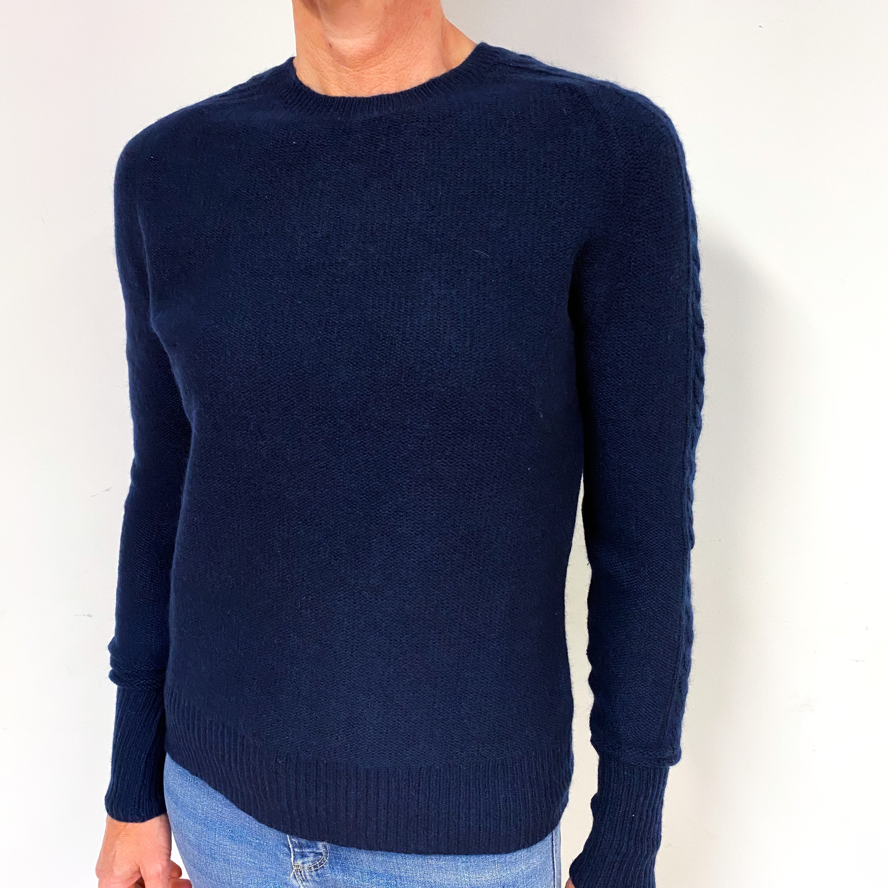 Navy Blue Cable Detail Cashmere Crew Neck Jumper Medium