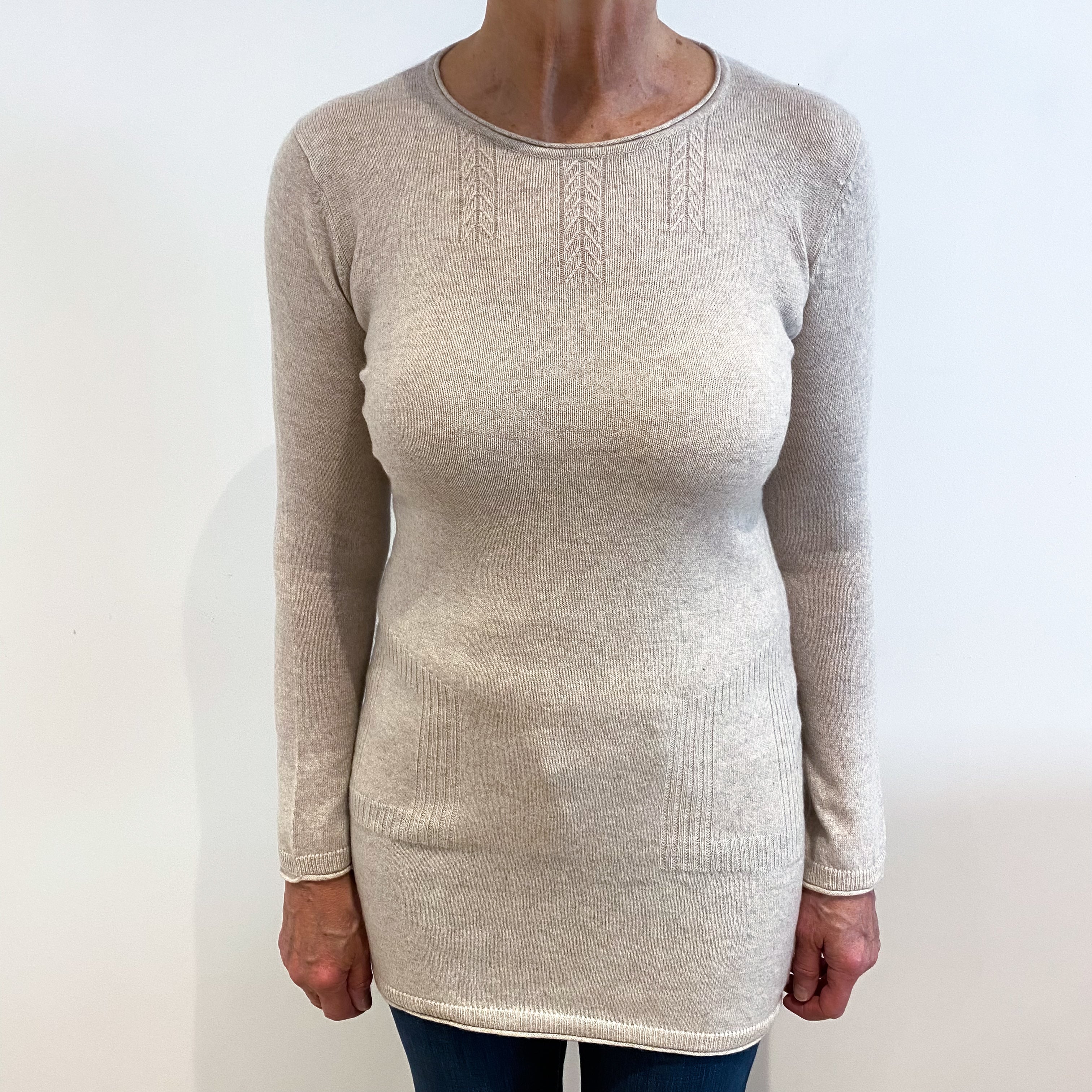 Oatmeal Beige Cashmere Crew Neck Jumper with Detail Knit on Front Medium