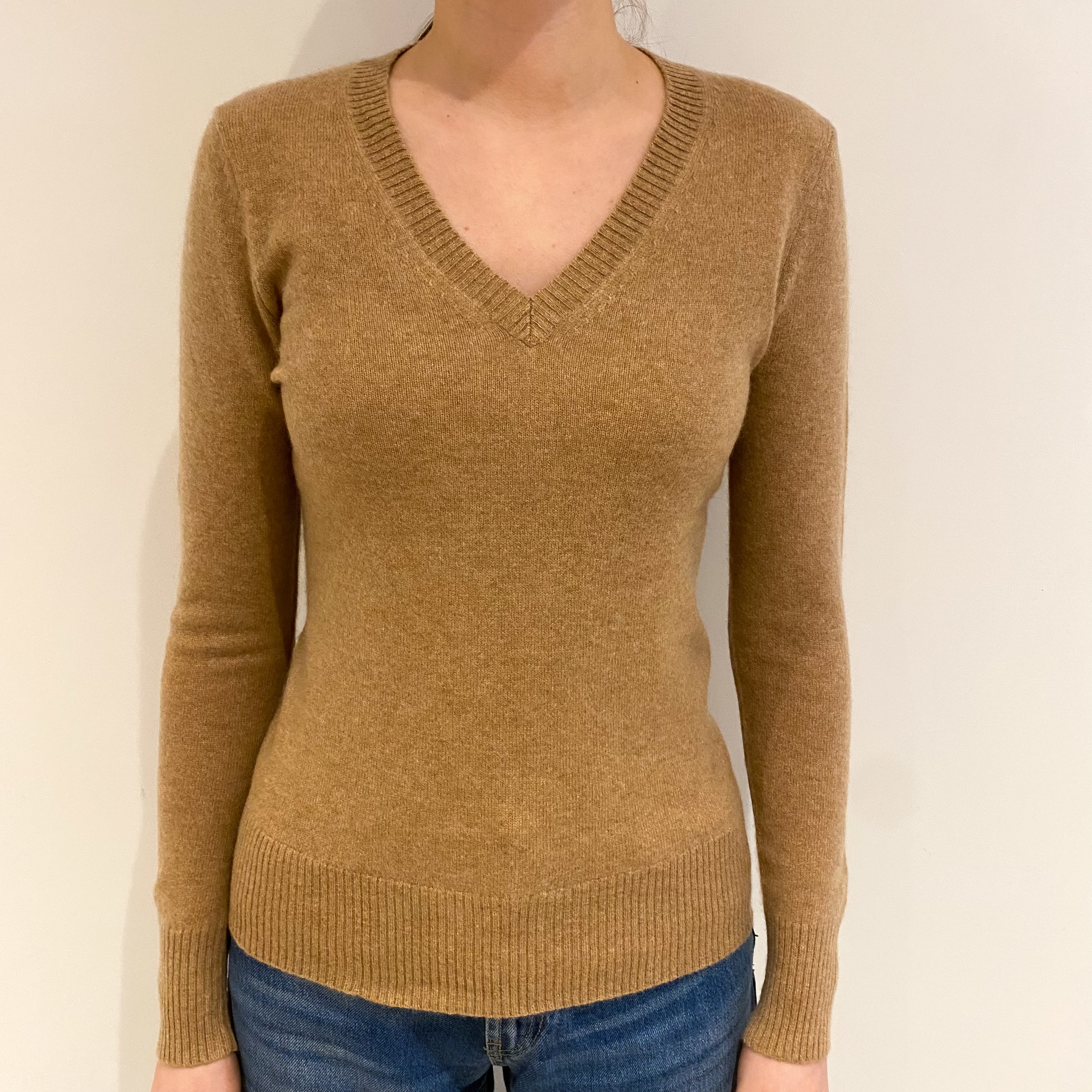 Caramel Brown Cashmere V Neck Jumper Extra Small