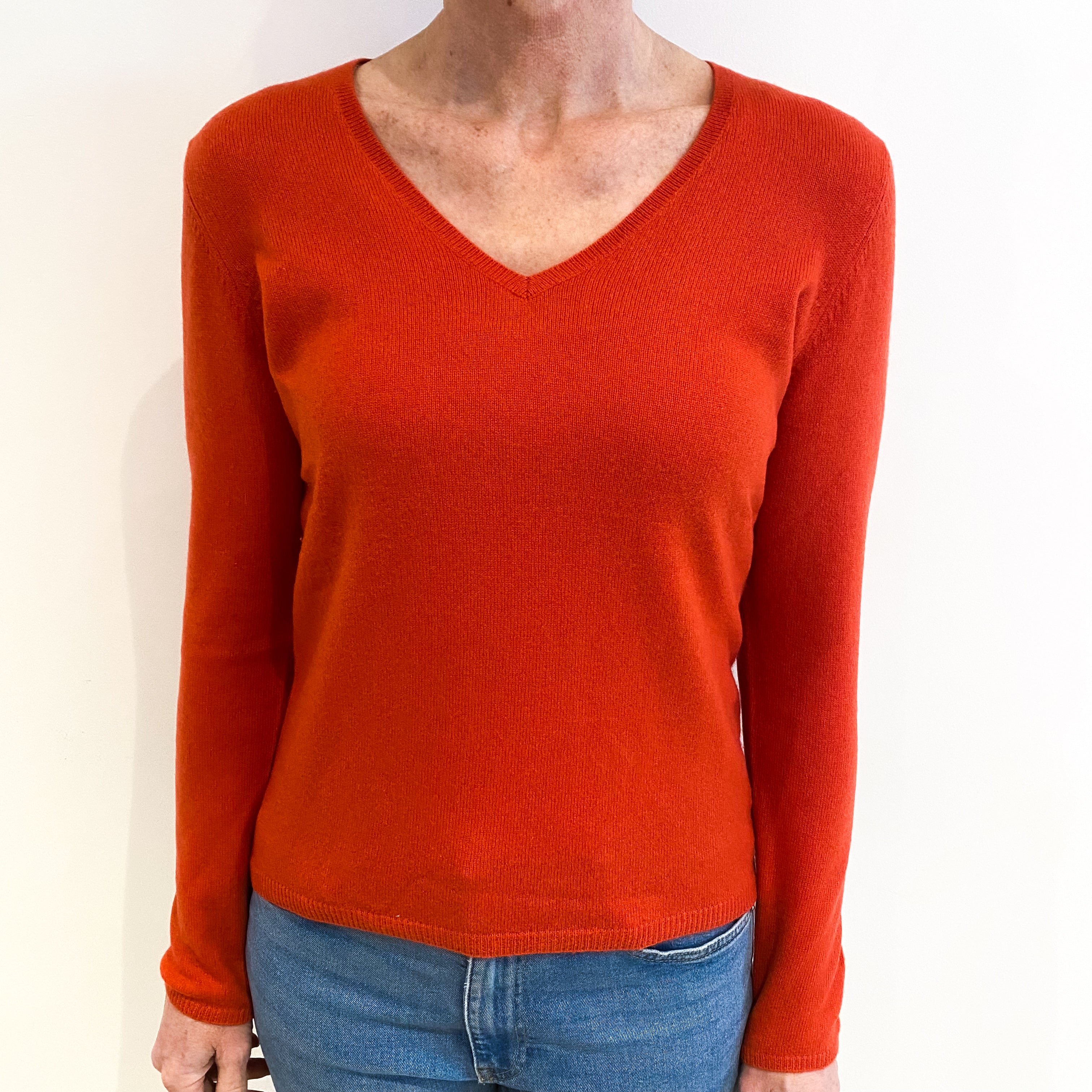 Vermillion Orange Cashmere V Neck Jumper Small