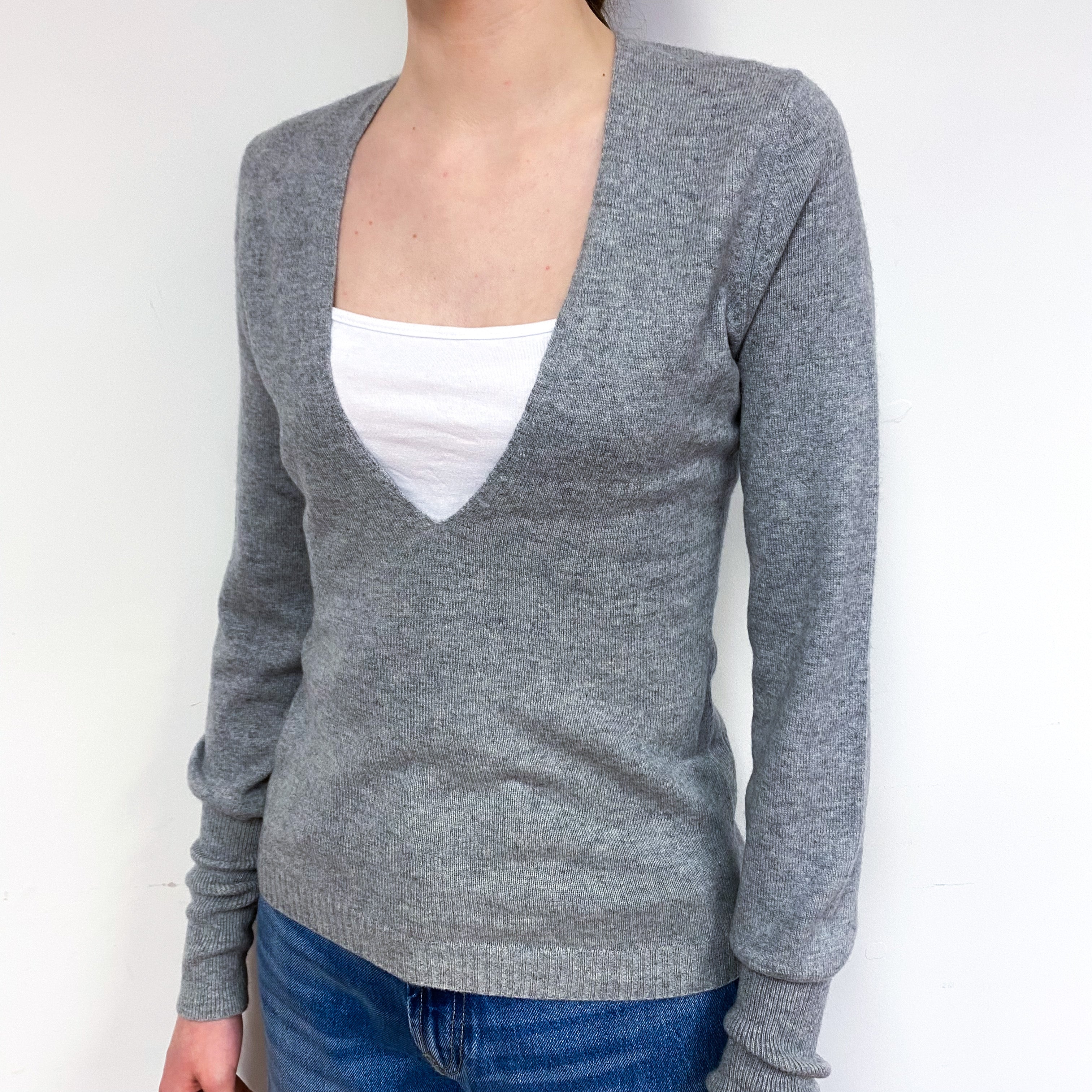 Smoke Grey Cashmere Low V-Neck Jumper Extra Small