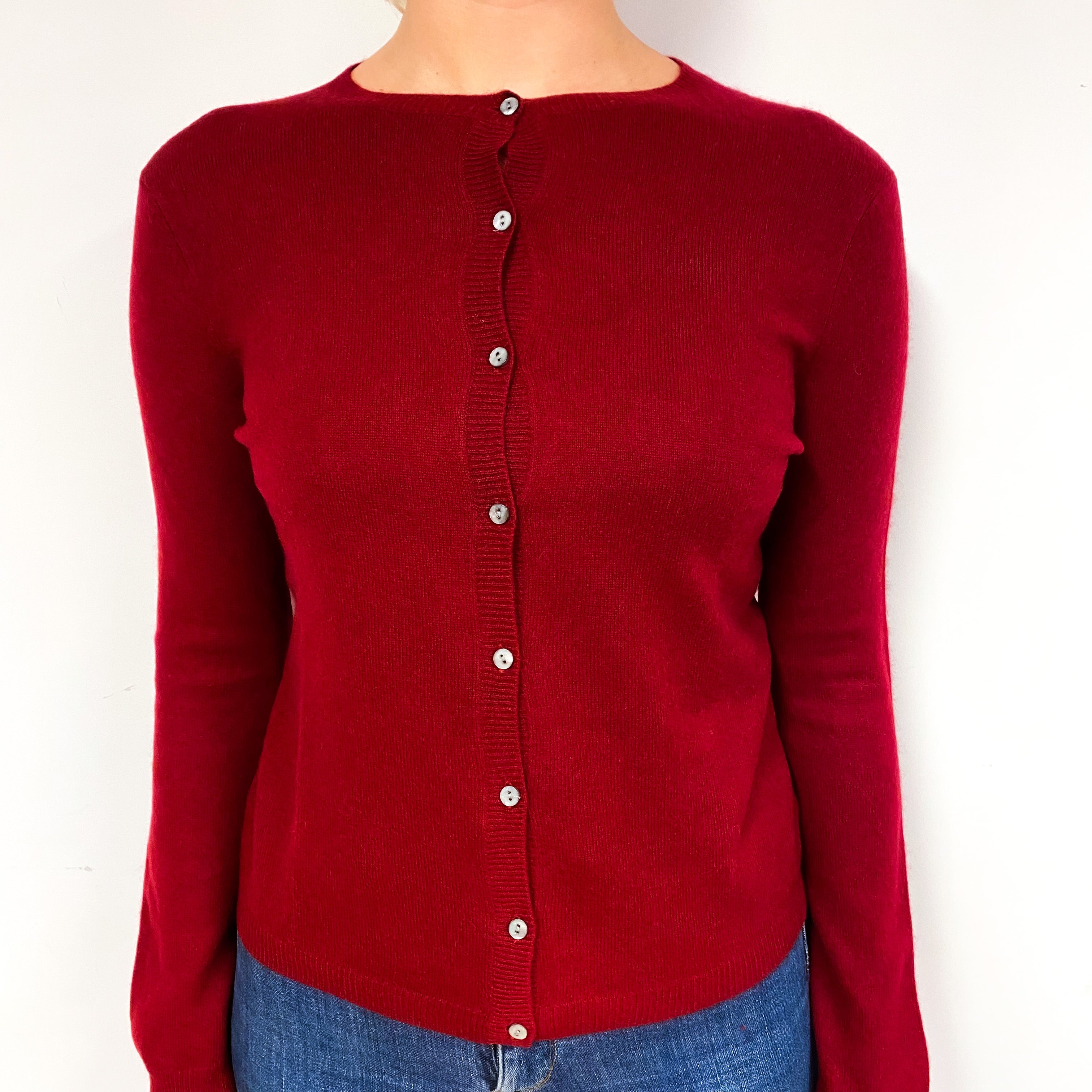 Garnet Red Cashmere Crew Neck Cardigan Small