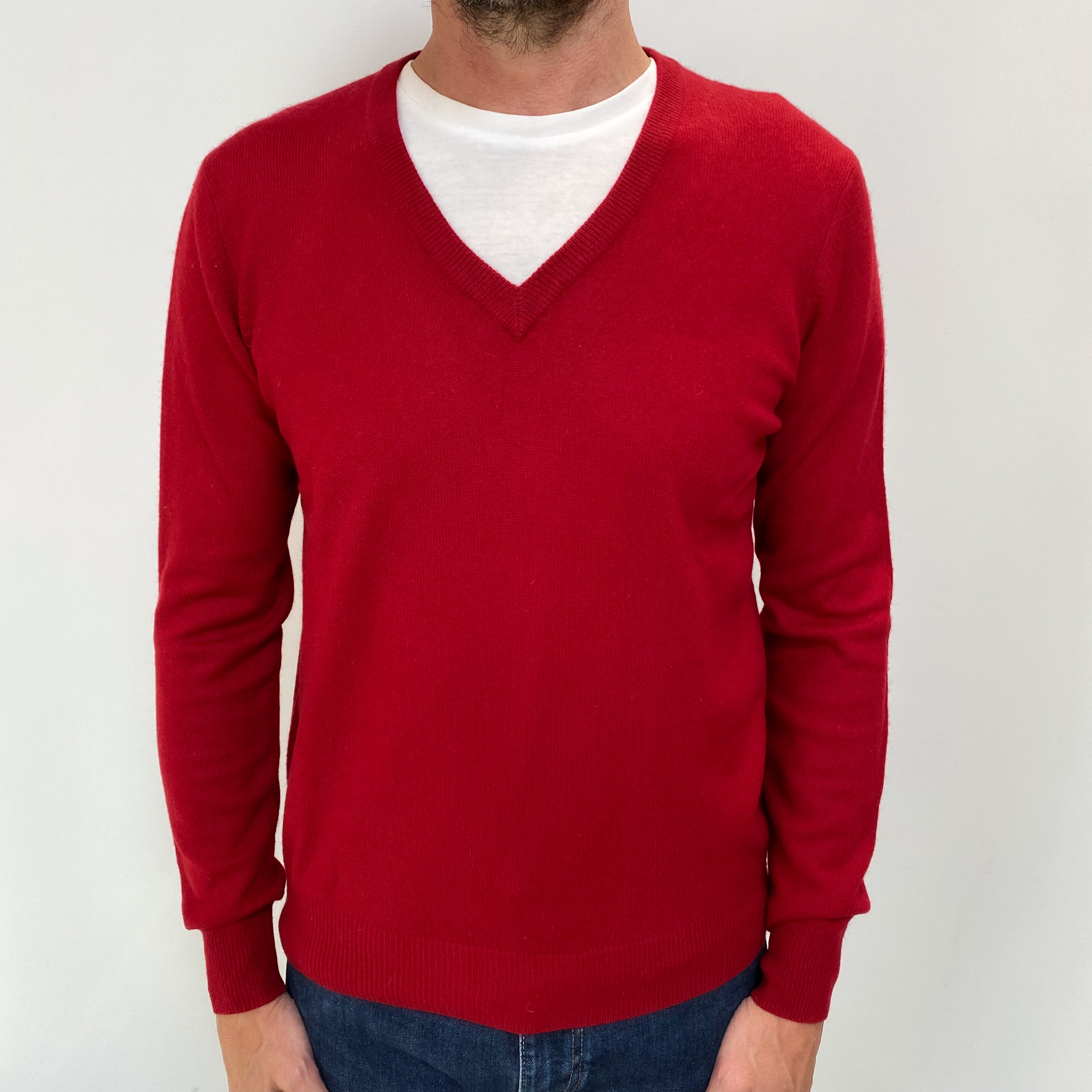 Men's Scarlet Red Cashmere V Neck Jumper Small