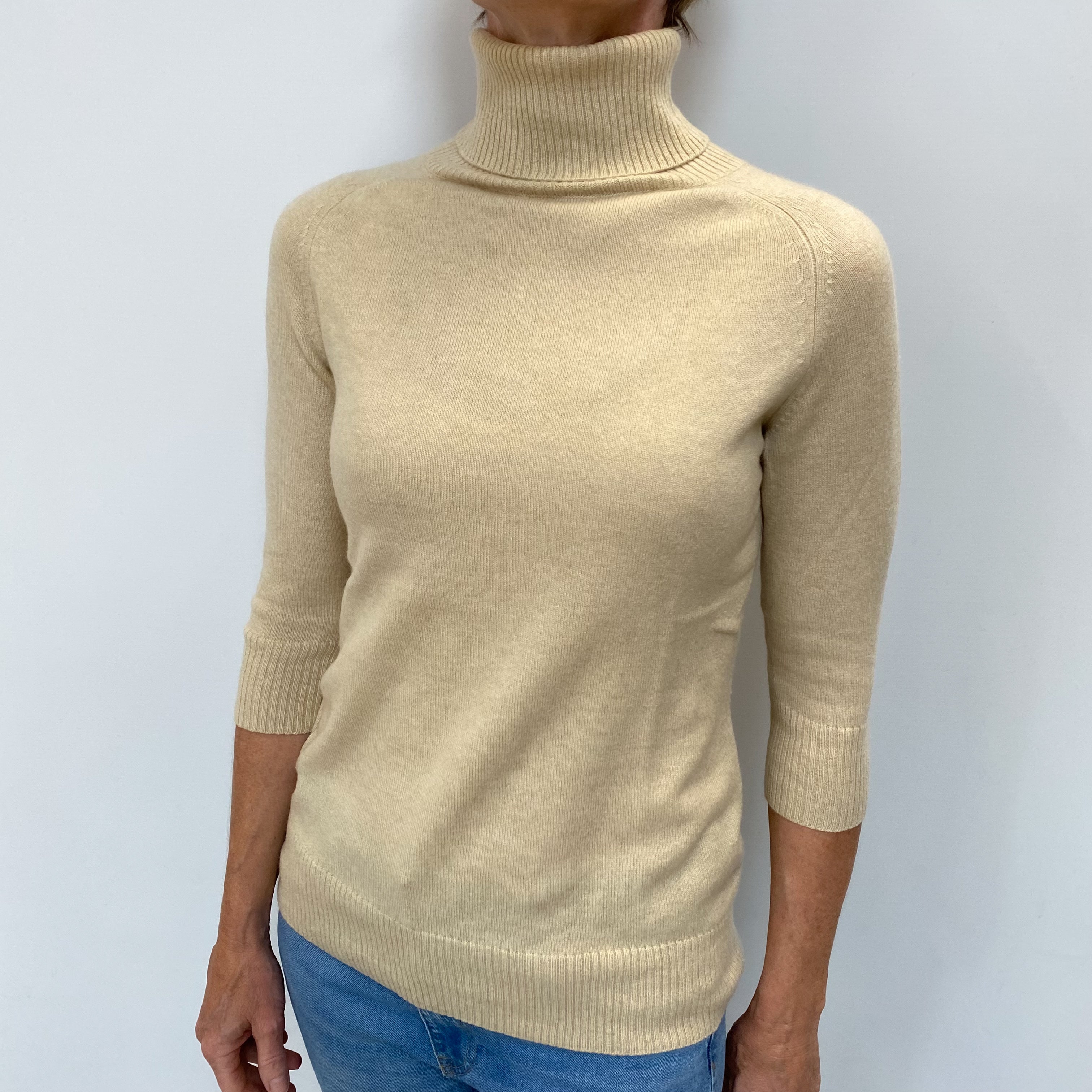 Sand Beige Cashmere Polo Neck Jumper Small