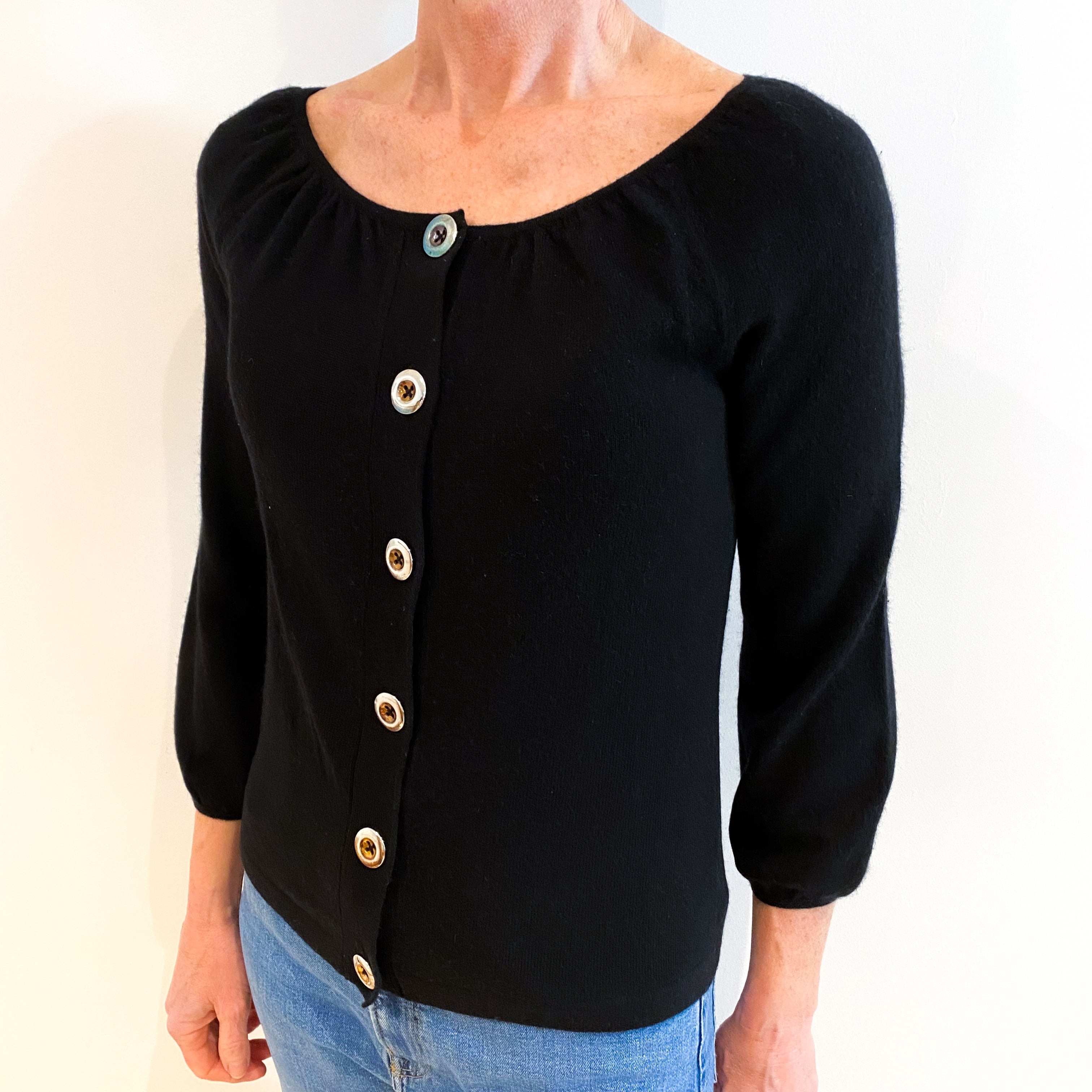 Black Cashmere Scoop Ruched Neck Cardigan Small