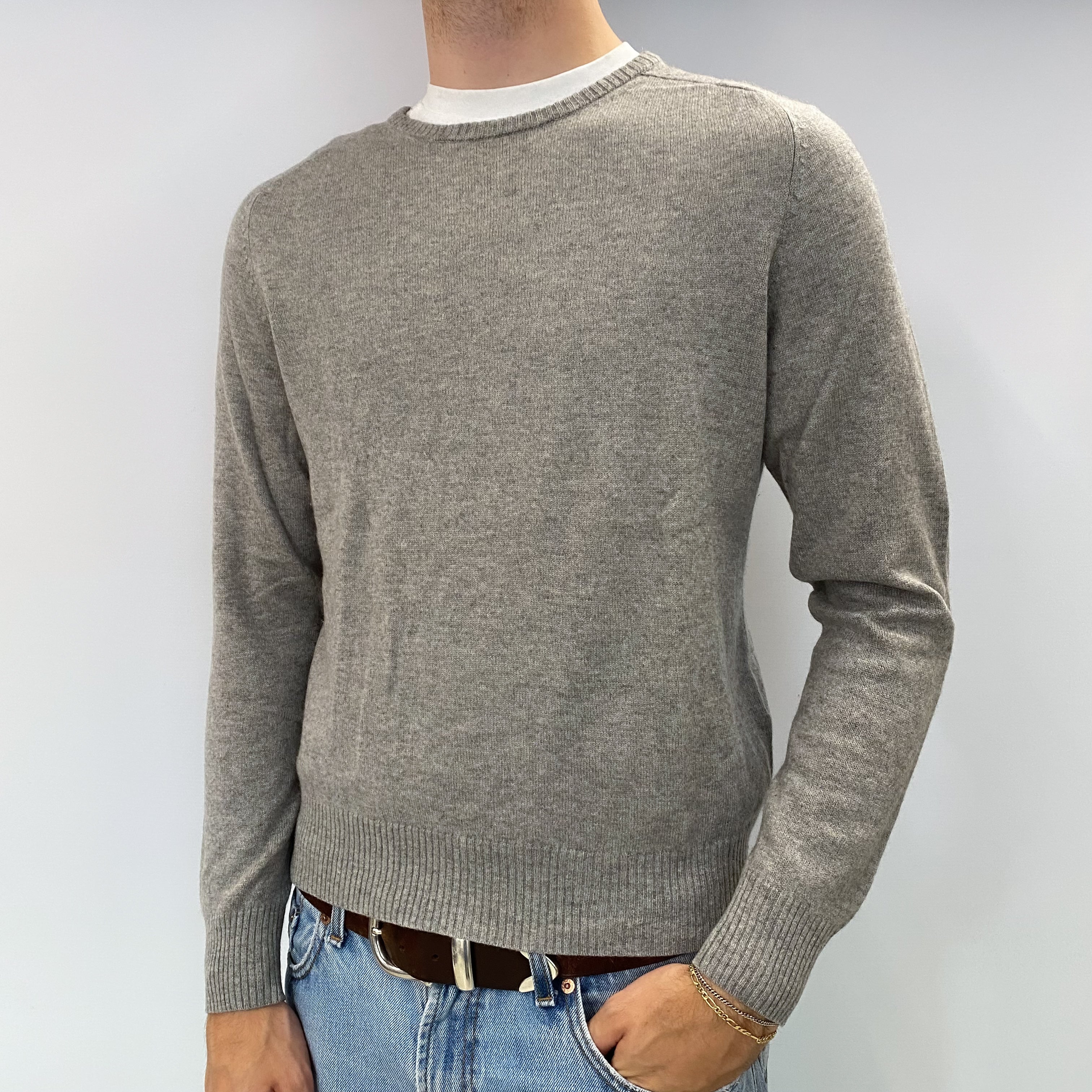 Men's Smoke Grey Cashmere Crew Neck Jumper Medium