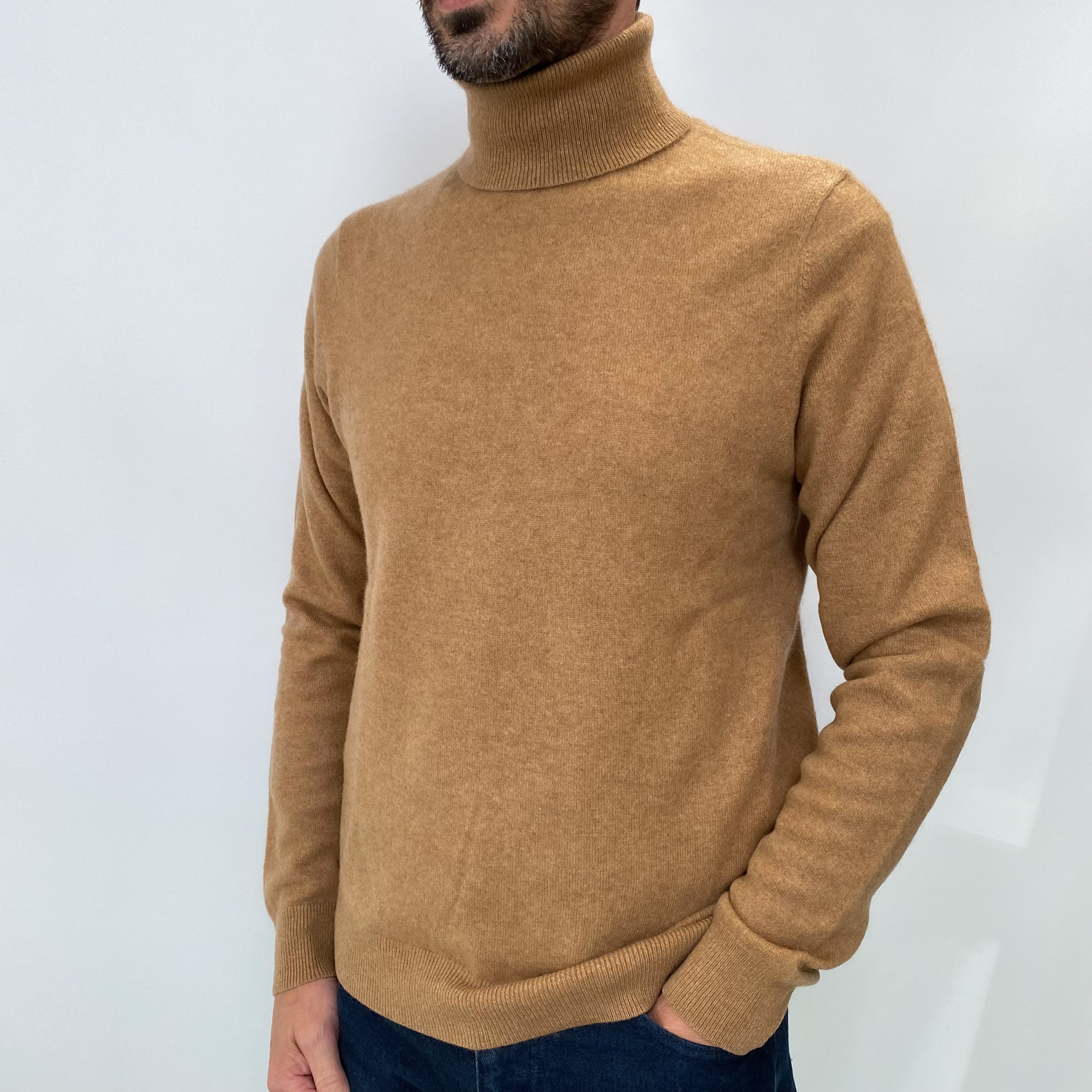 Caramel Brown Men's Cashmere Polo Neck Jumper Small