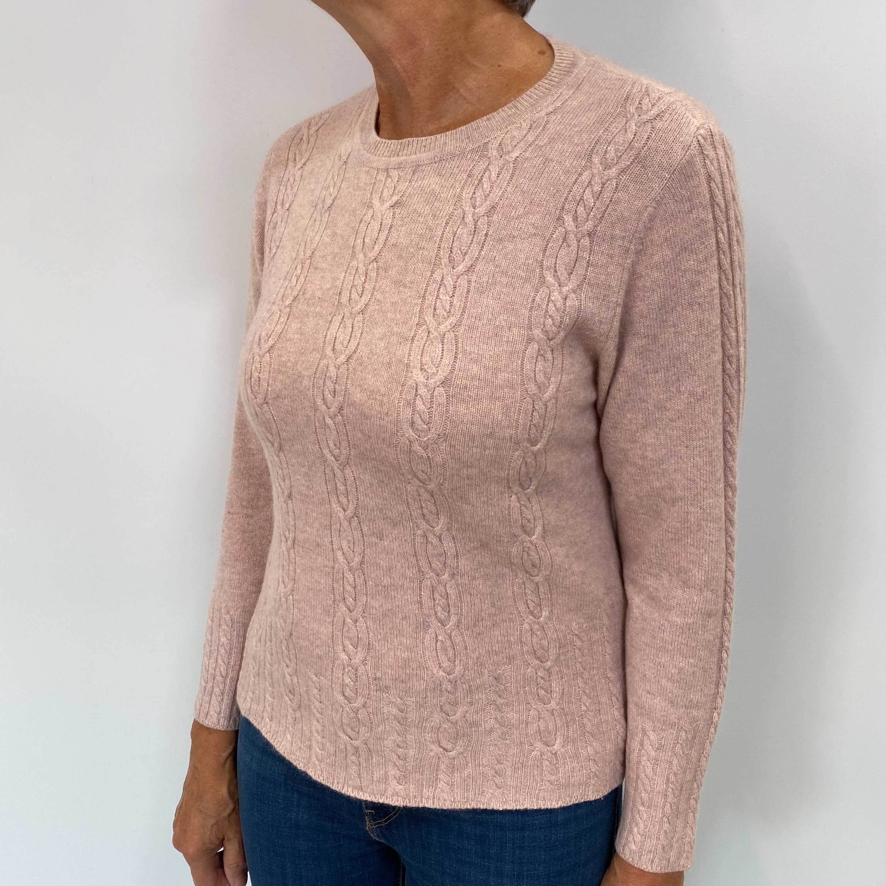 Faded Heather Pink Cashmere Crew Neck Cable Knit Jumper Medium