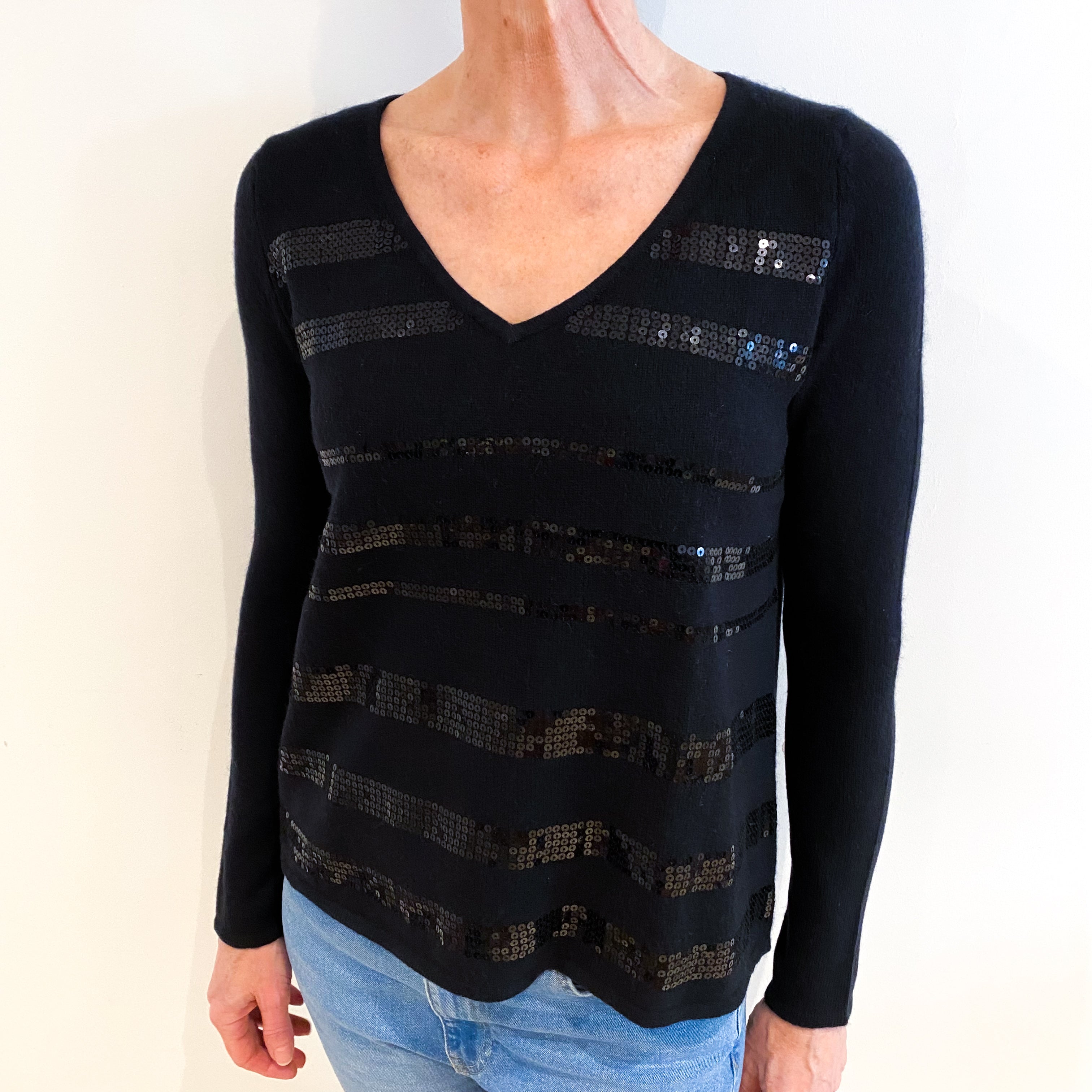 Black Sequinned Cashmere V Neck Jumper Small