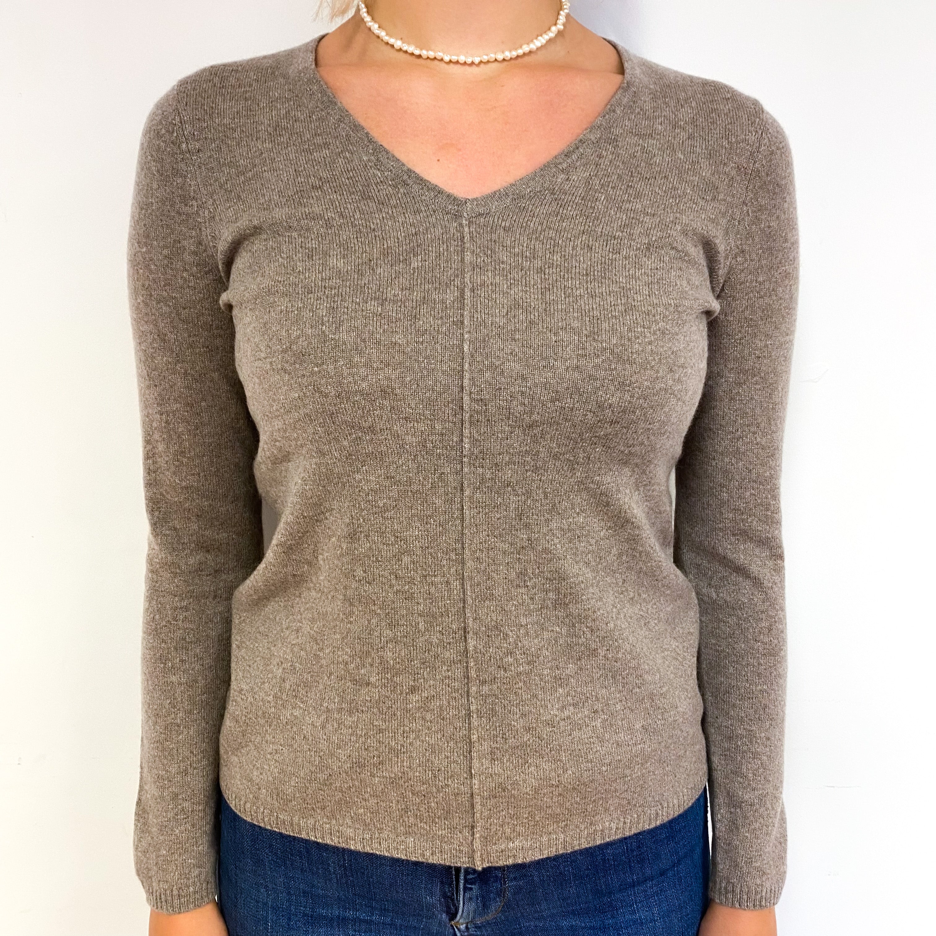 Taupe Brown Cashmere V-Neck Jumper Small