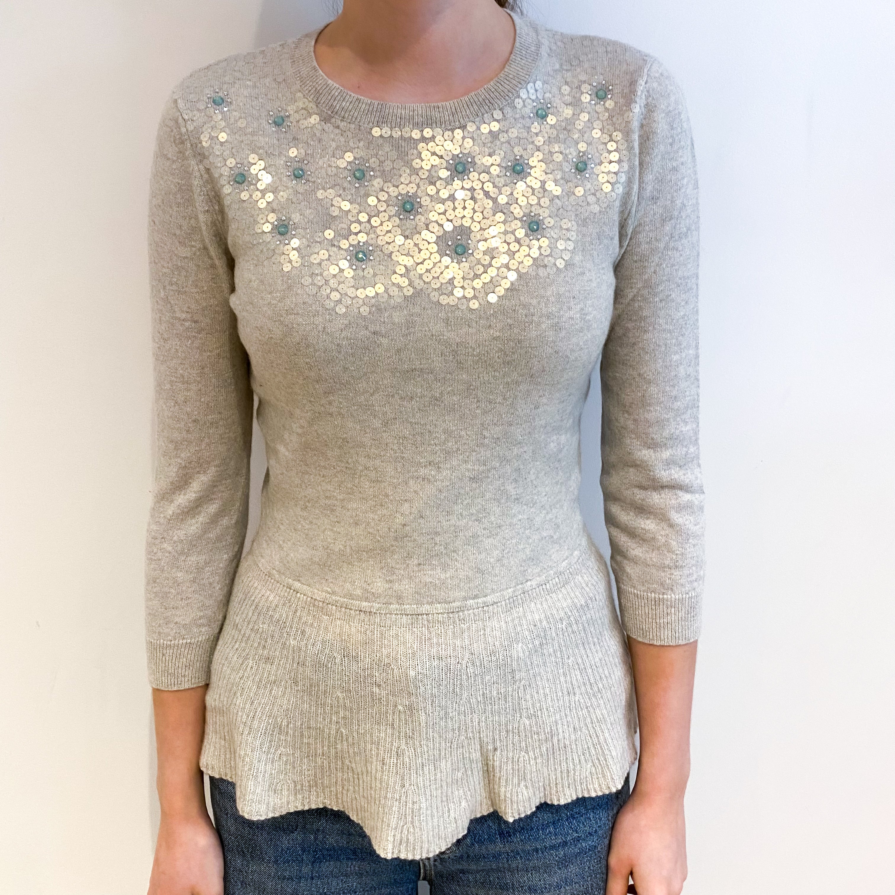 Dusty Grey Embellished Cashmere Peplum Crew Neck Jumper Extra Small