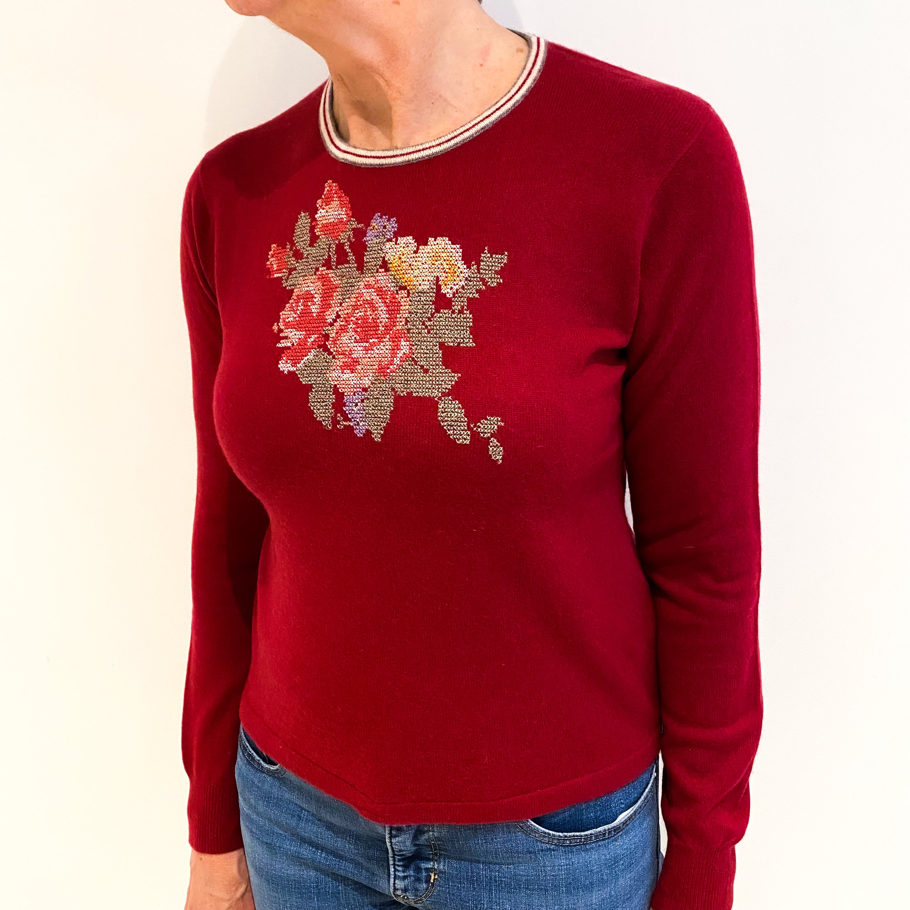 Crimson Red With Floral Tapestry Cashmere Crew Neck Jumper Medium