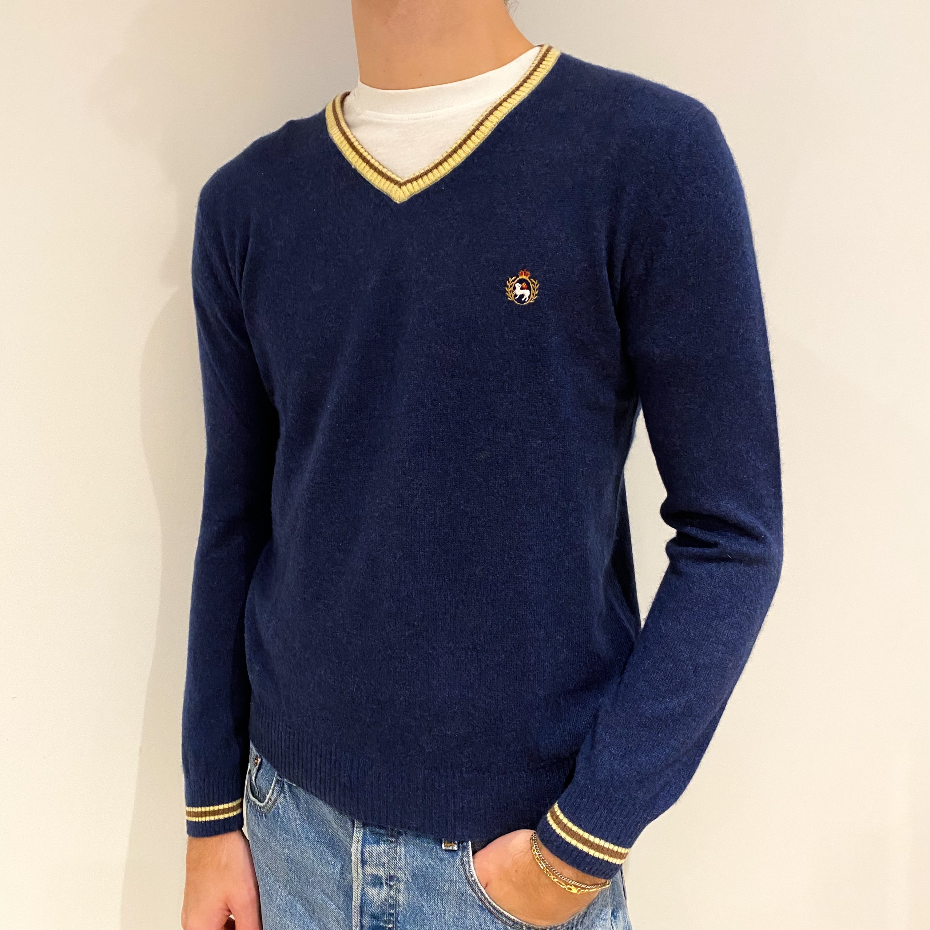 Men's Midnight Blue Yellow Trim Cashmere V Neck Jumper Large