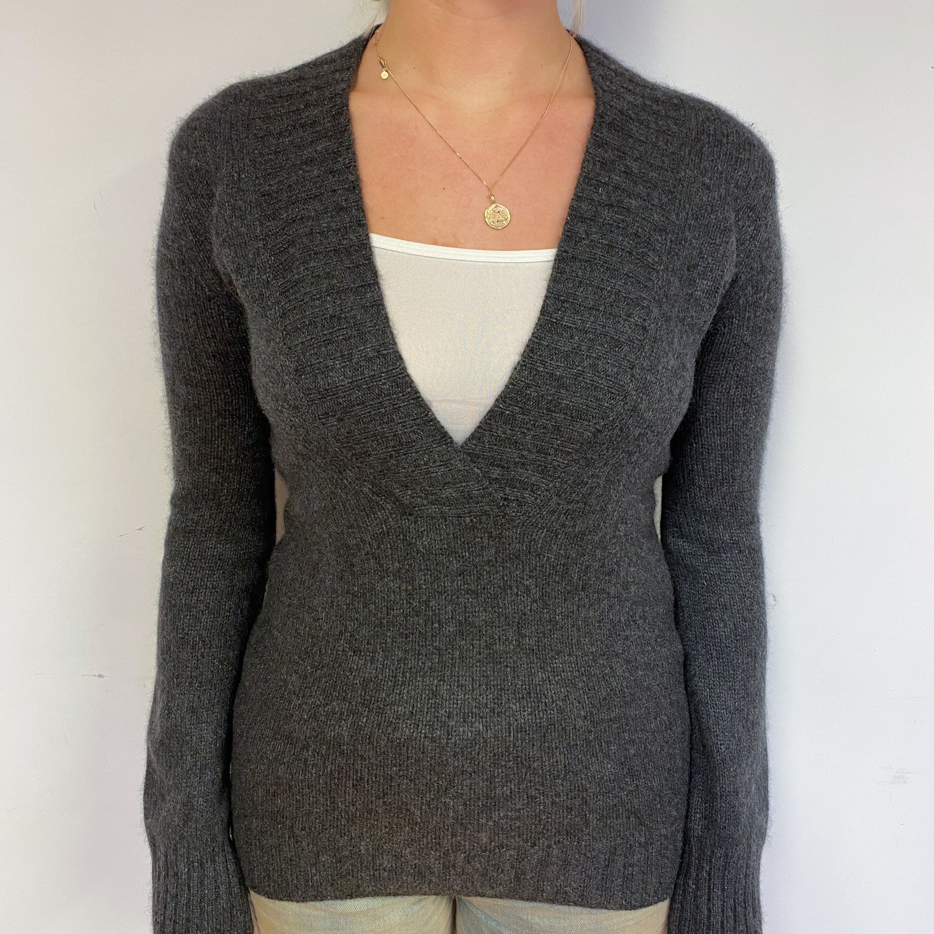 Slate Grey Cashmere Low V-Neck Jumper Small