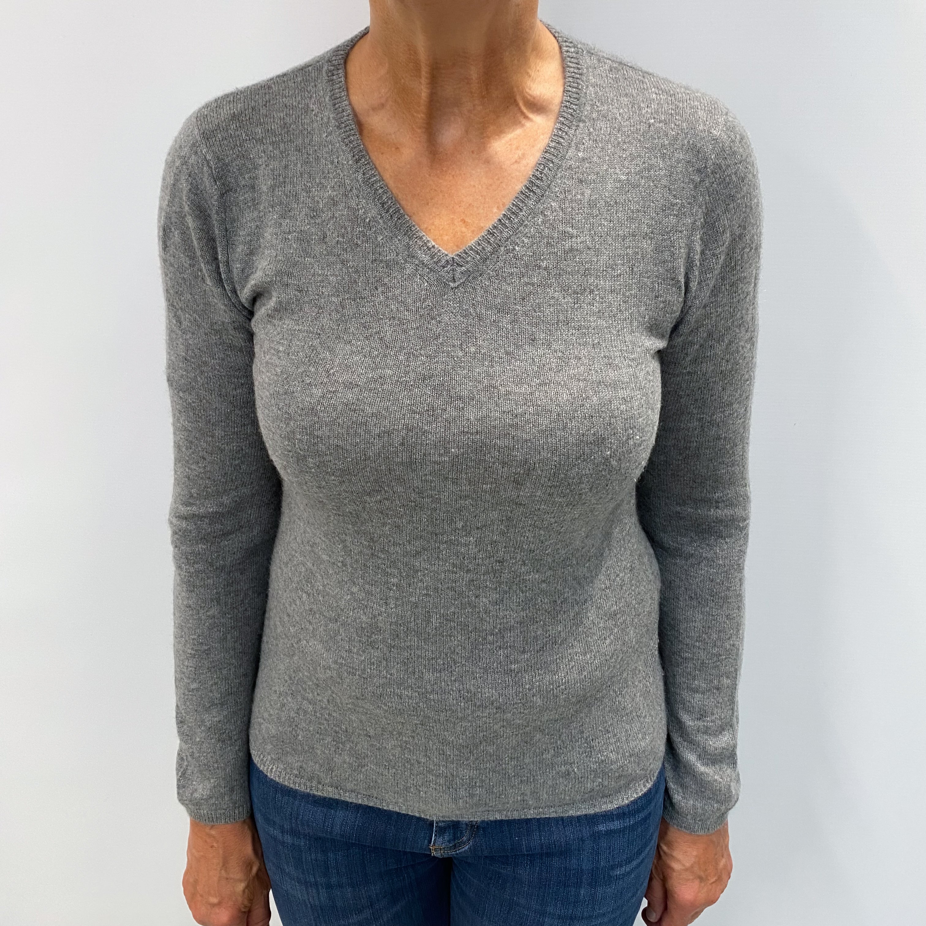 Ash Grey Cashmere V Neck Jumper Medium