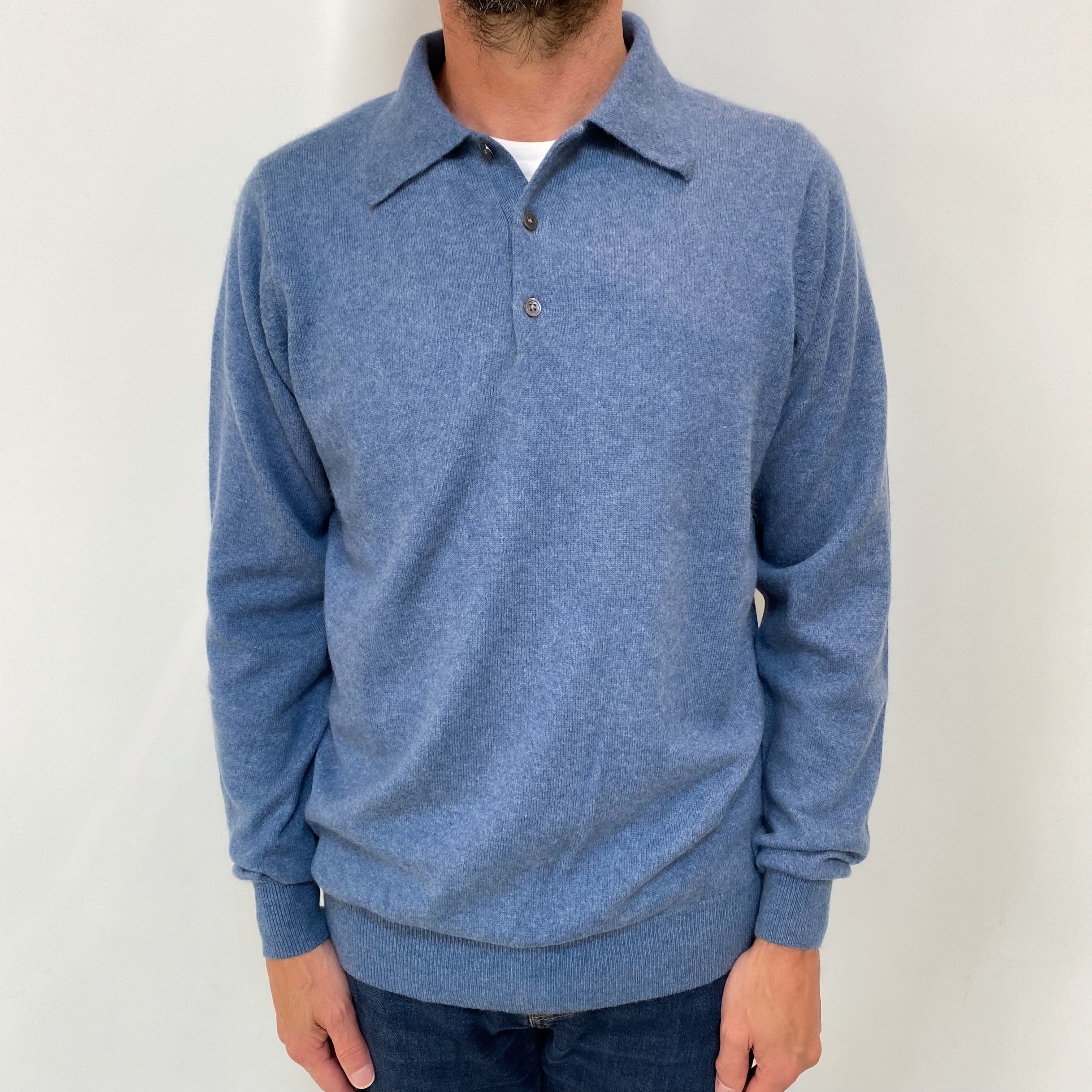 Men's Denim Blue Cashmere 1/4 Button Jumper Small